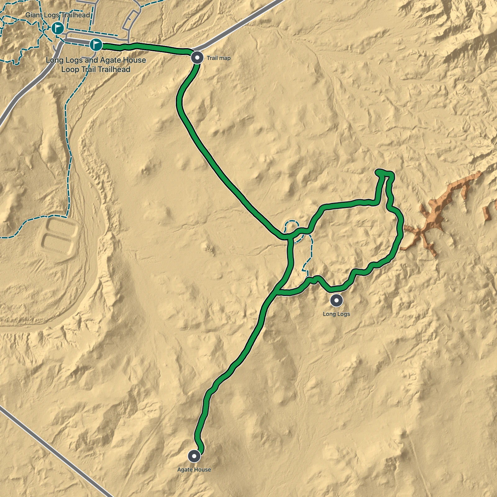 Terrain map of Long Logs and Agate House Loop Trail in Petrified Forest National Park