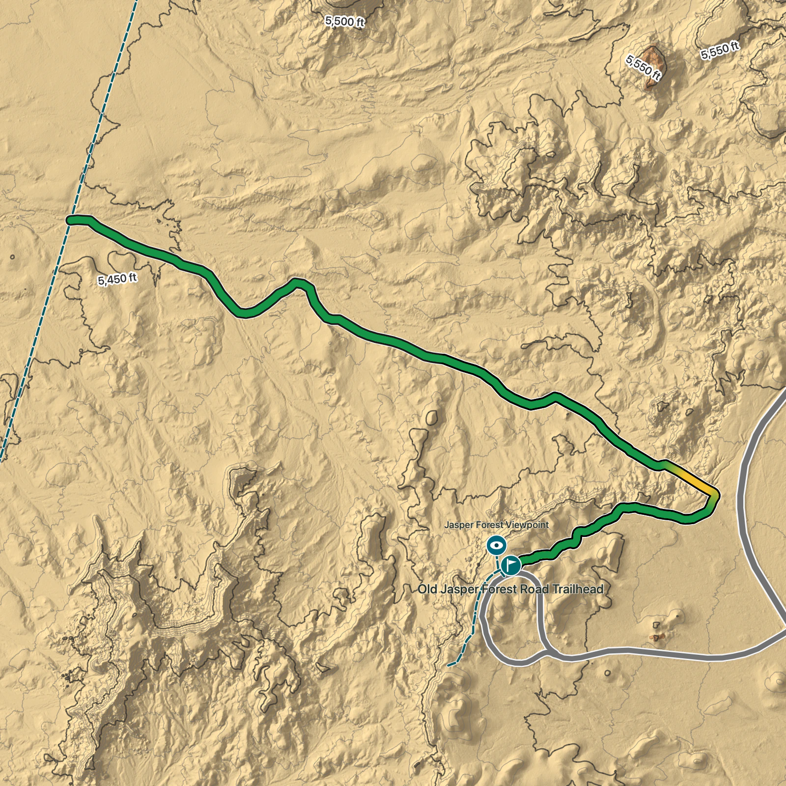 Terrain map of Old Jasper Forest Road in Petrified Forest National Park