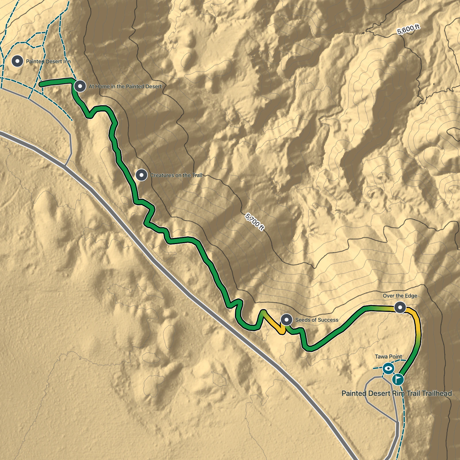 Terrain map of Painted Desert Rim Trail in Petrified Forest National Park