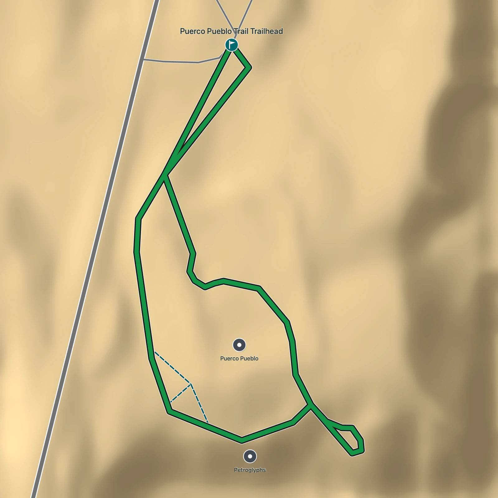 Terrain map of Puerco Pueblo Trail in Petrified Forest National Park