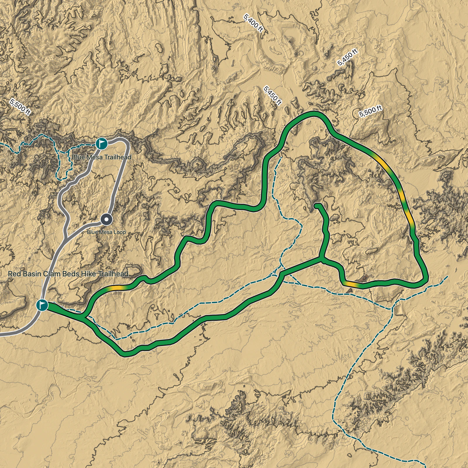 Terrain map of Red Basin Clam Beds Hike in Petrified Forest National Park