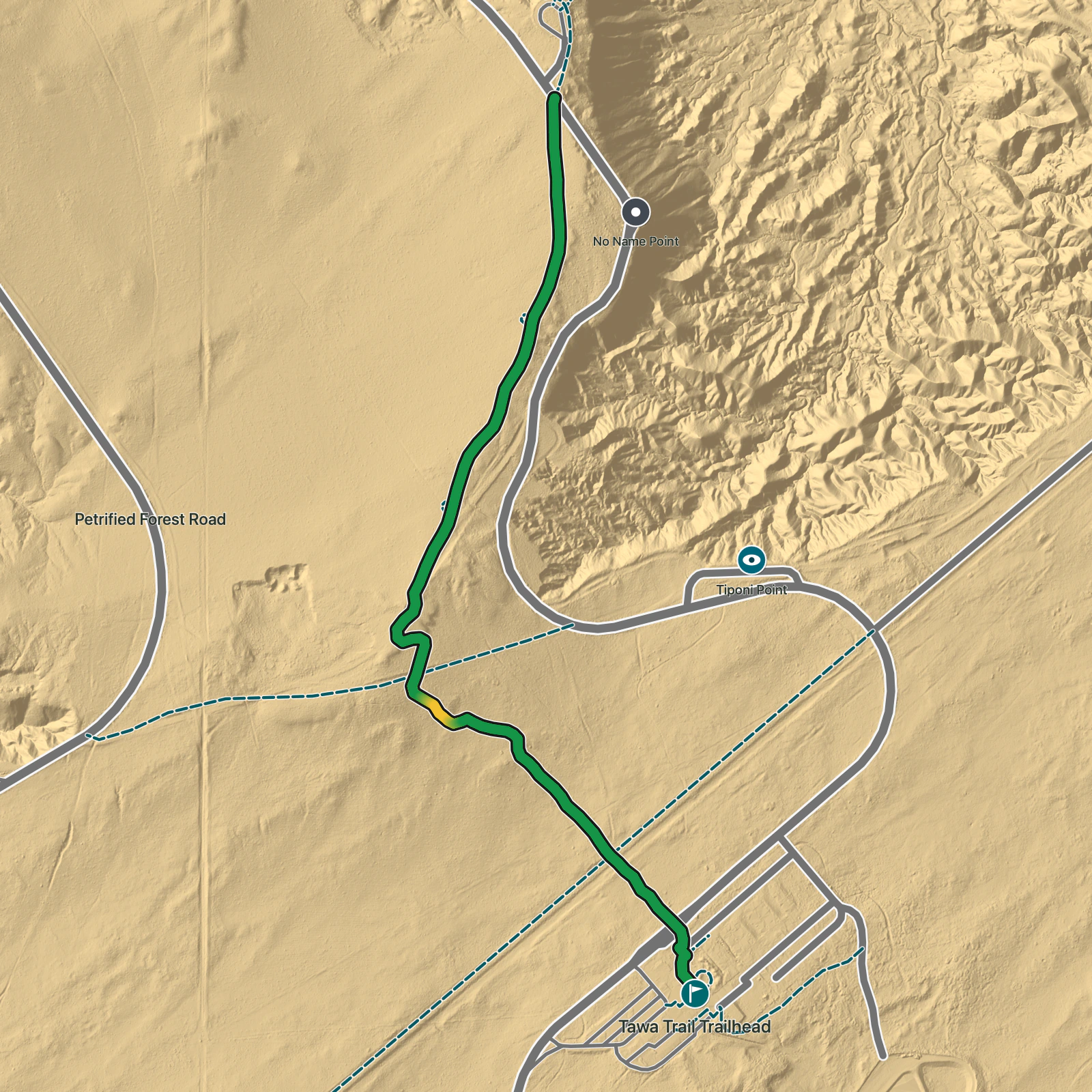 Terrain map of Tawa Trail in Petrified Forest National Park