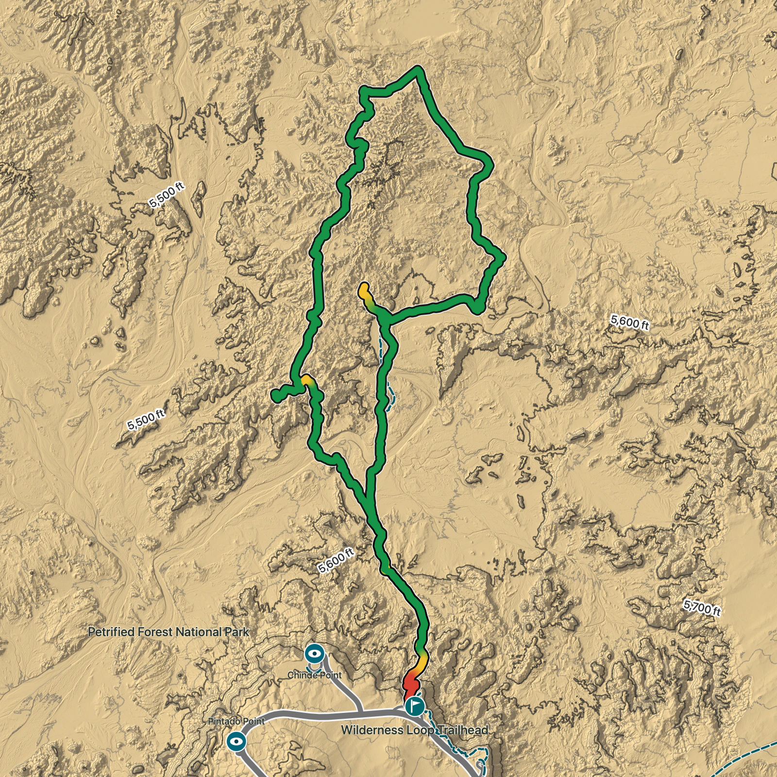 Terrain map of Wilderness Loop in Petrified Forest National Park