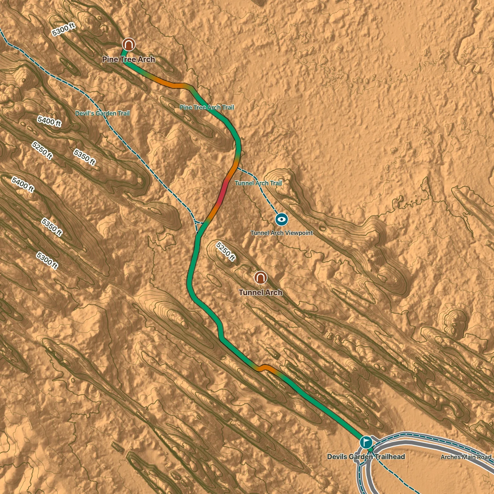 Terrain map of Pine Tree and Tunnel Arches in Arches National Park