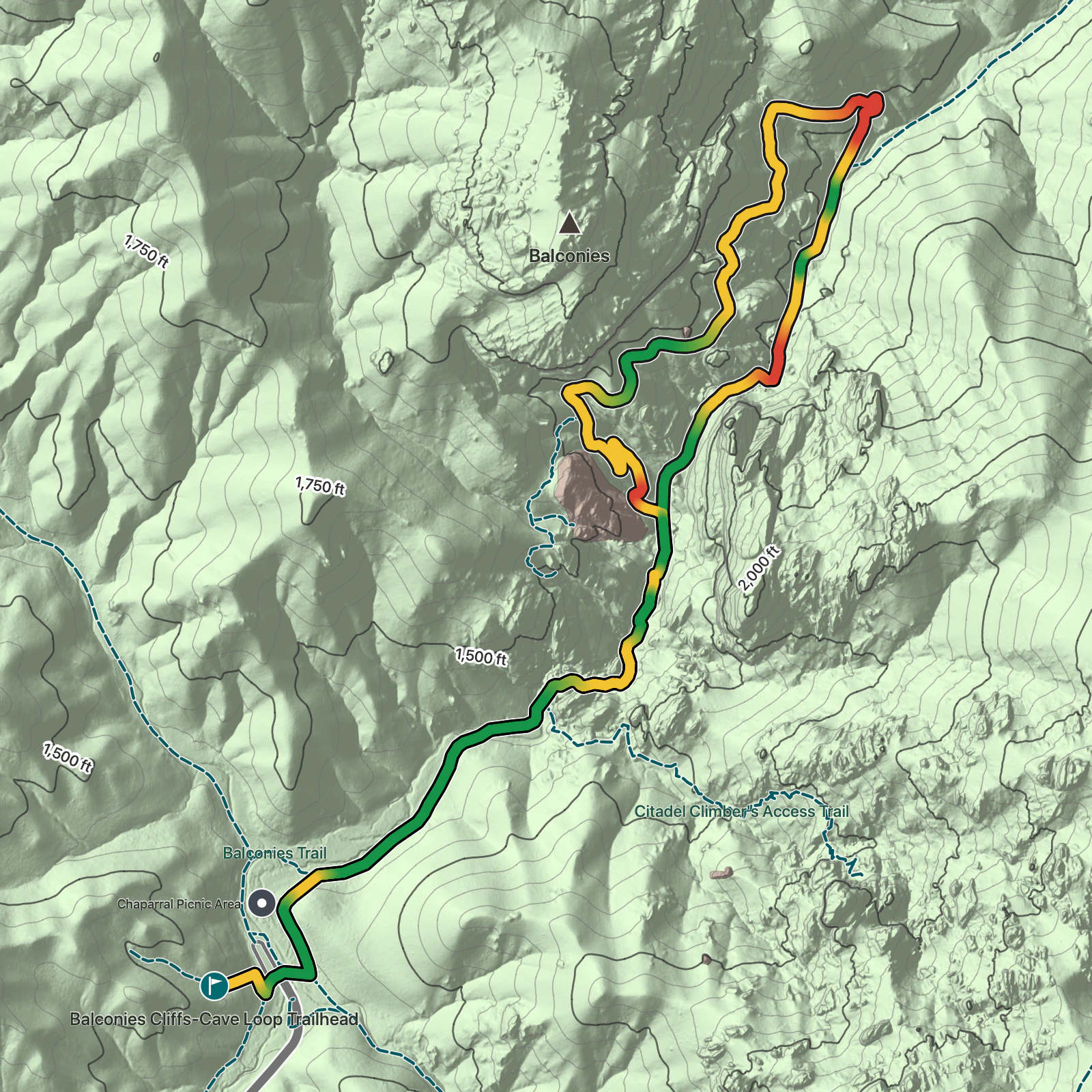 Terrain map of Balconies Cliffs-Cave Loop in Pinnacles National Park