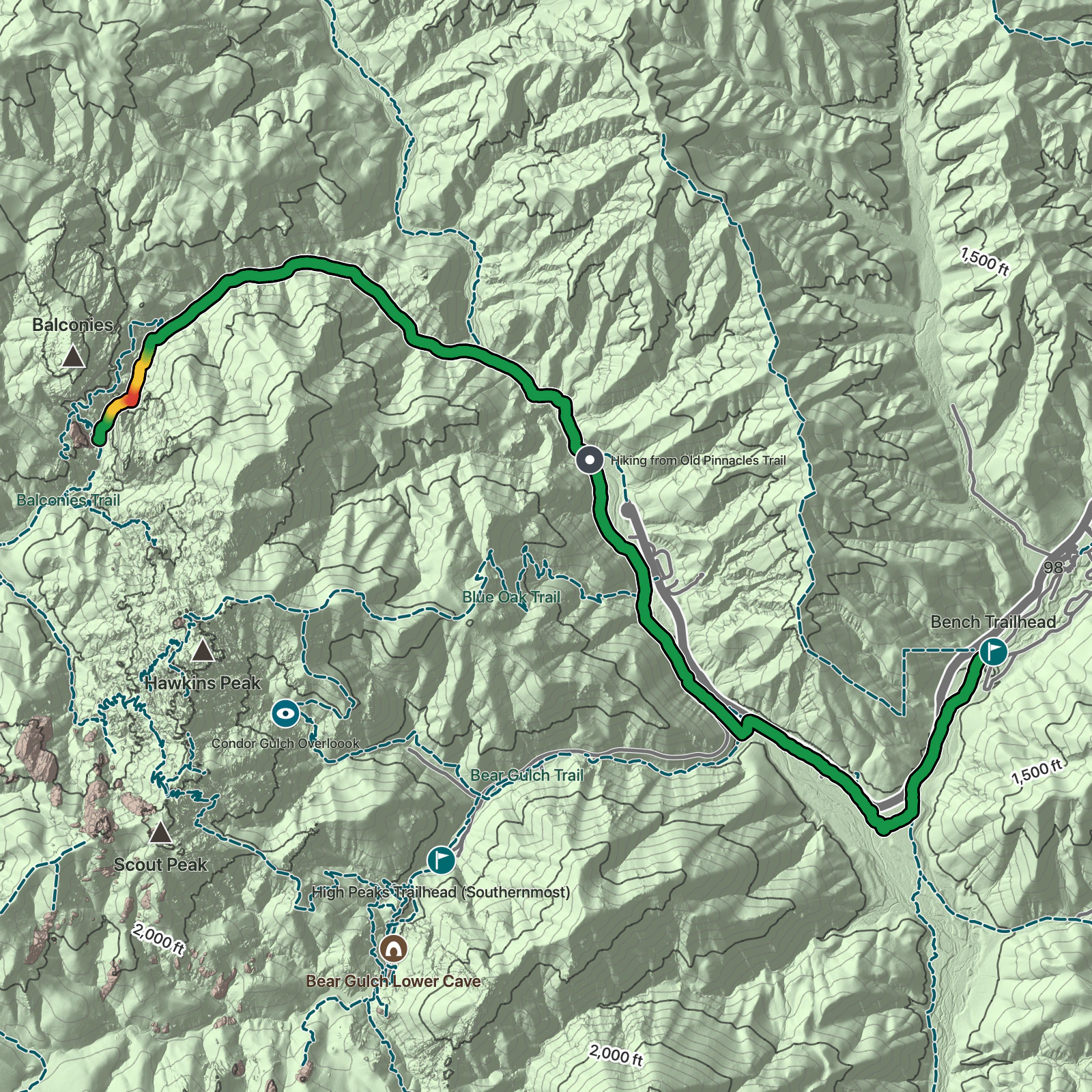 Terrain map of Campground to Balconies Cave in Pinnacles National Park