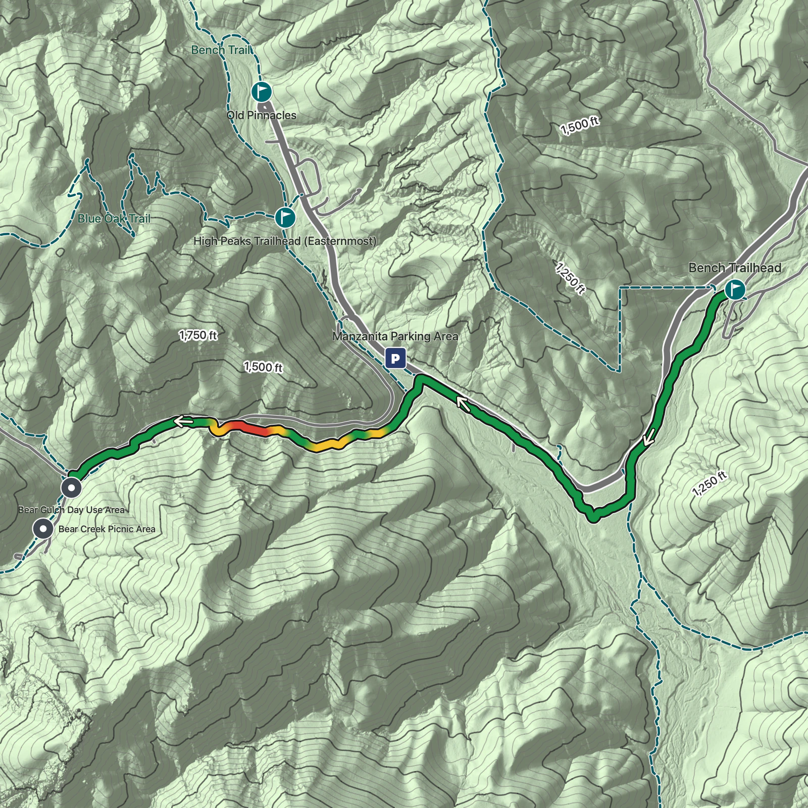 Terrain map of Campground to Bear Gulch Day Use Area in Pinnacles National Park