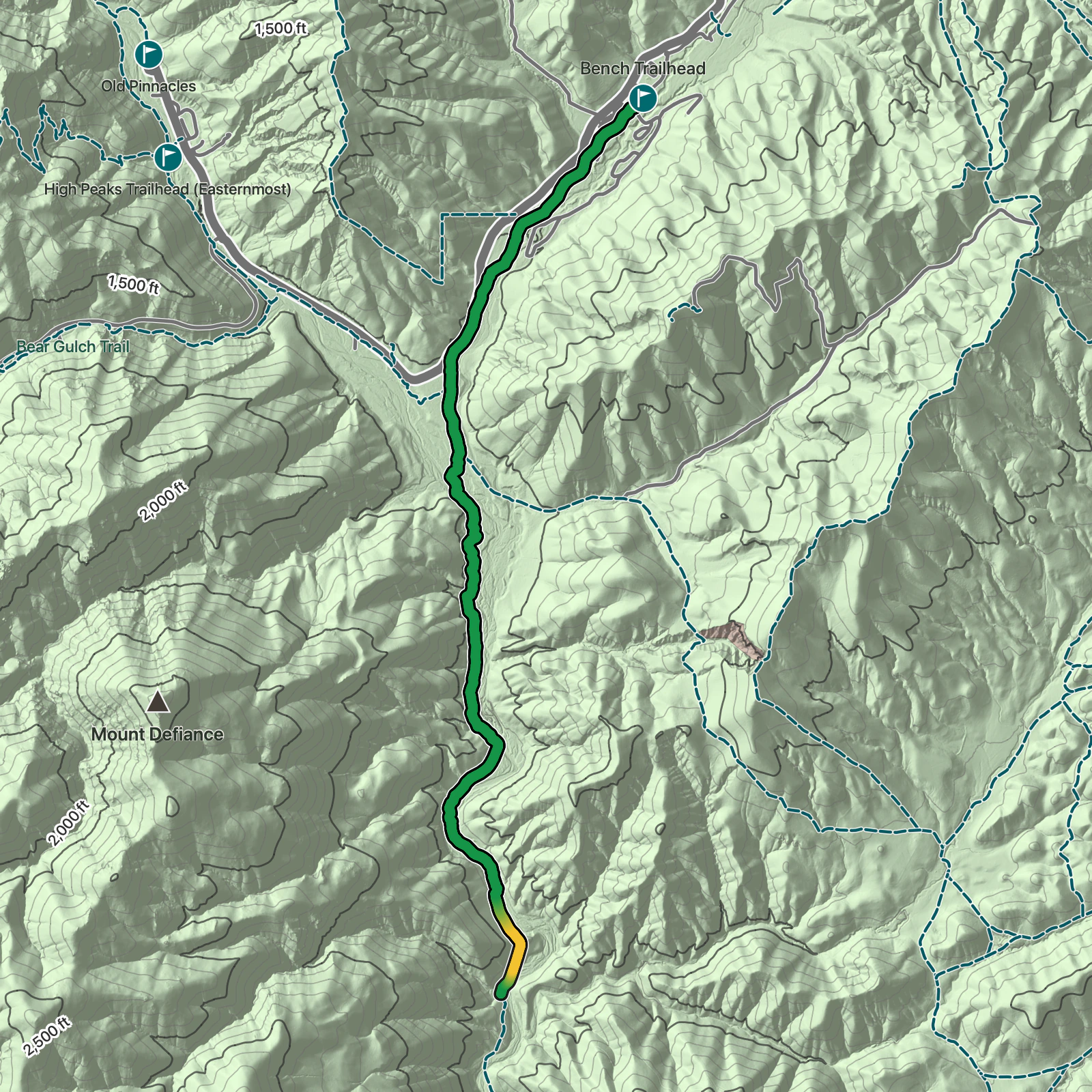 Terrain map of Campground to South Wilderness Trail in Pinnacles National Park
