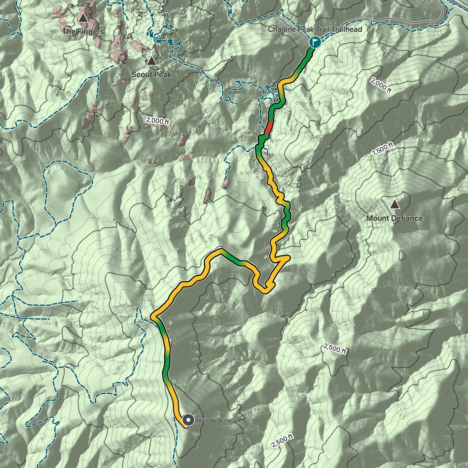 Terrain map of Chalone Peak Trail in Pinnacles National Park
