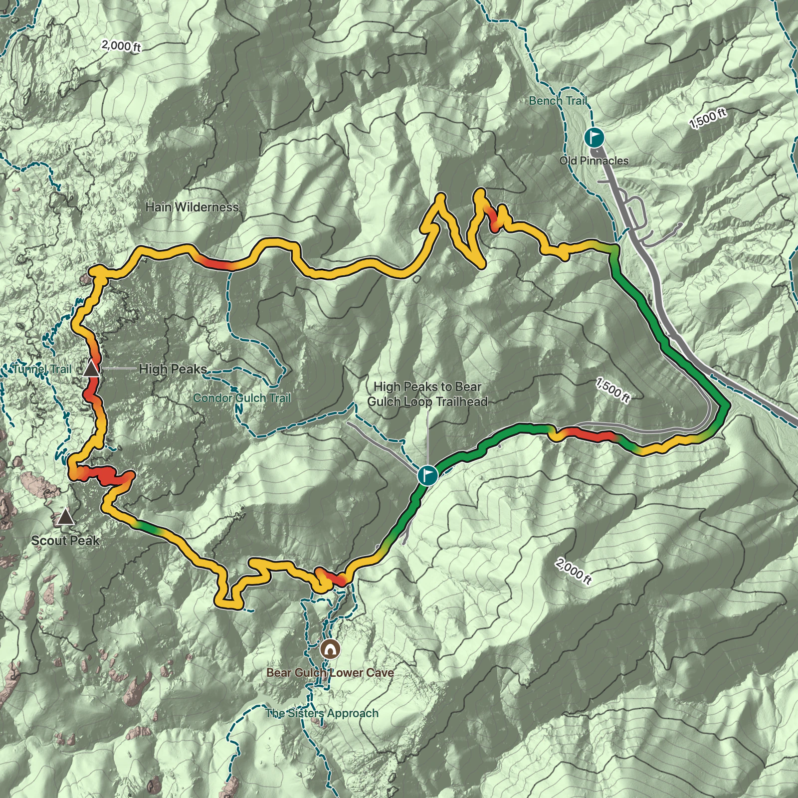 Terrain map of High Peaks to Bear Gulch Loop in Pinnacles National Park