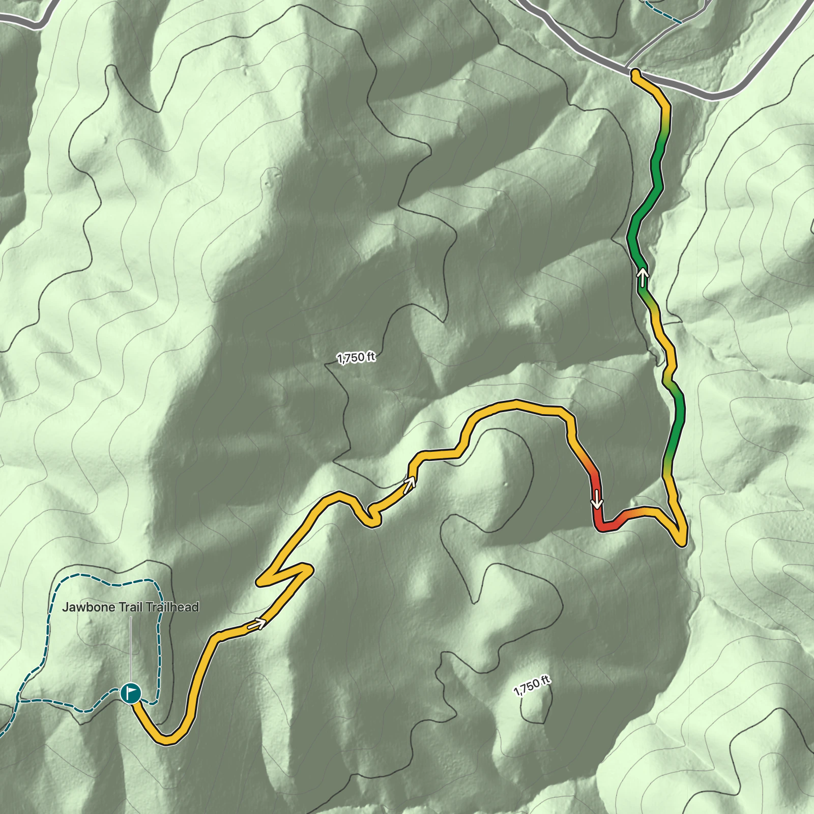 Terrain map of Jawbone Trail in Pinnacles National Park