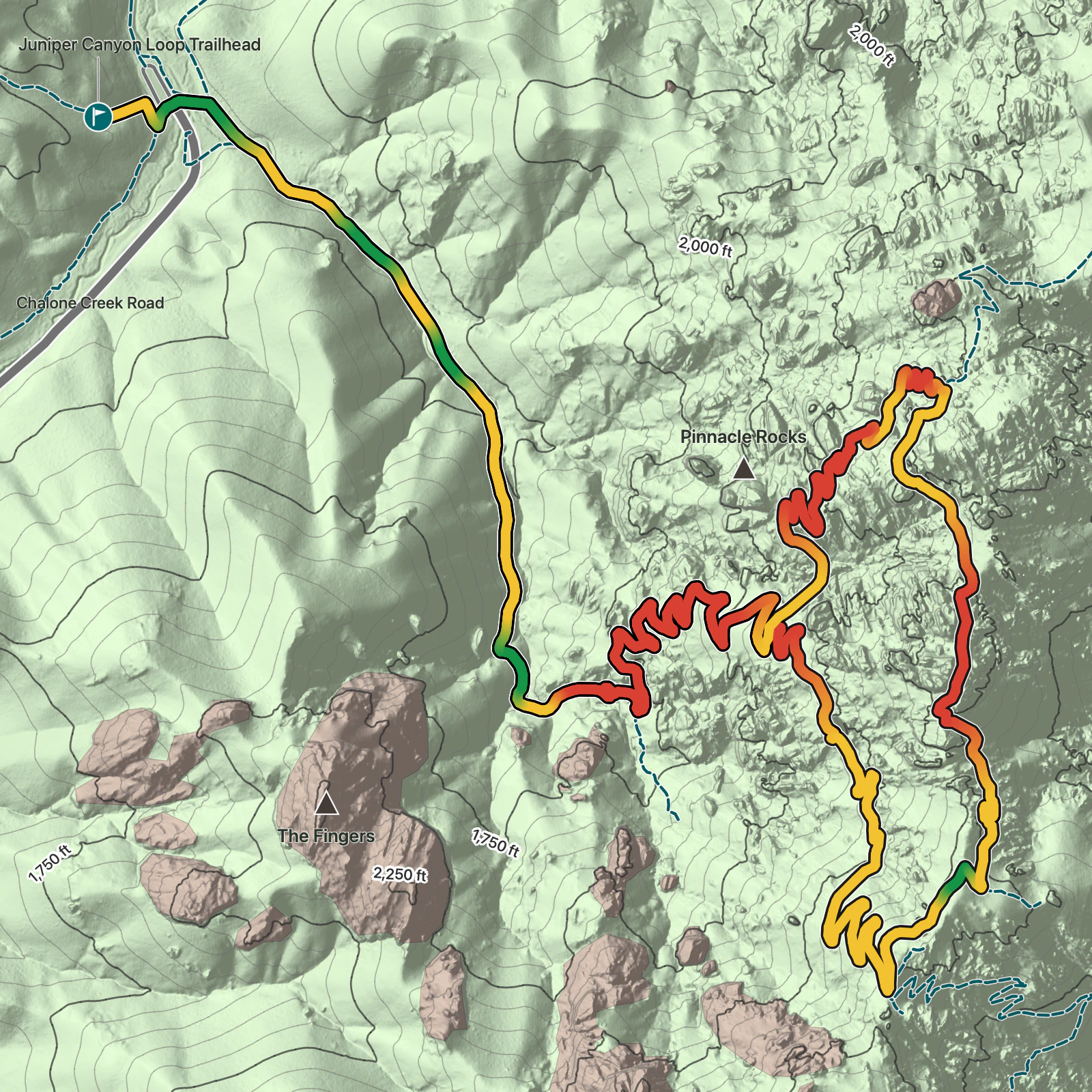 Terrain map of Juniper Canyon Loop in Pinnacles National Park