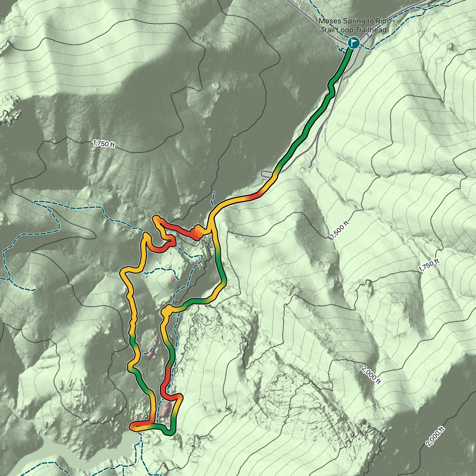 Terrain map of Moses Spring to Rim Trail Loop in Pinnacles National Park