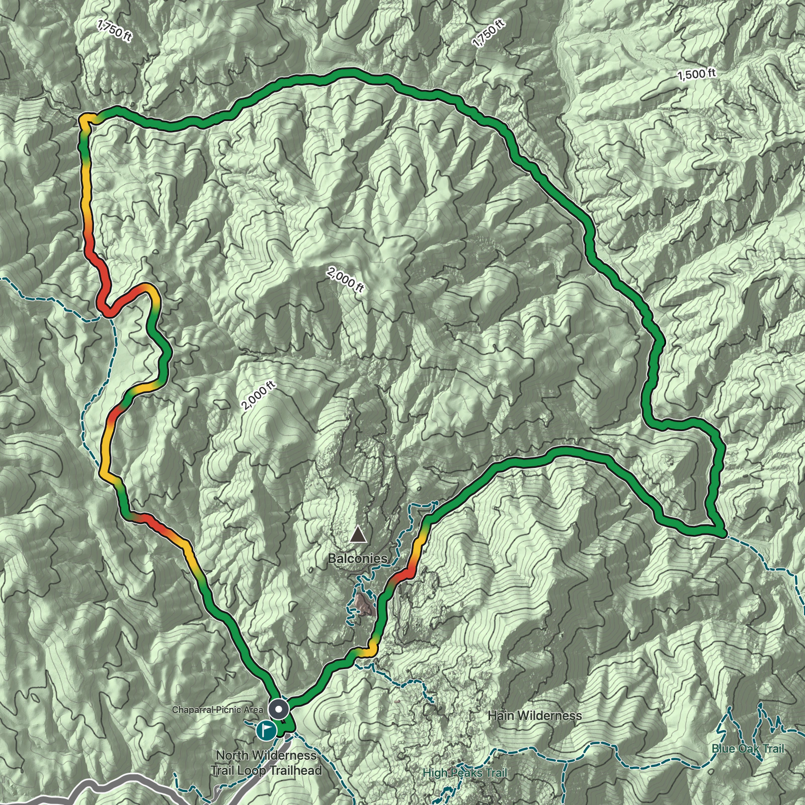 Terrain map of North Wilderness Trail Loop in Pinnacles National Park
