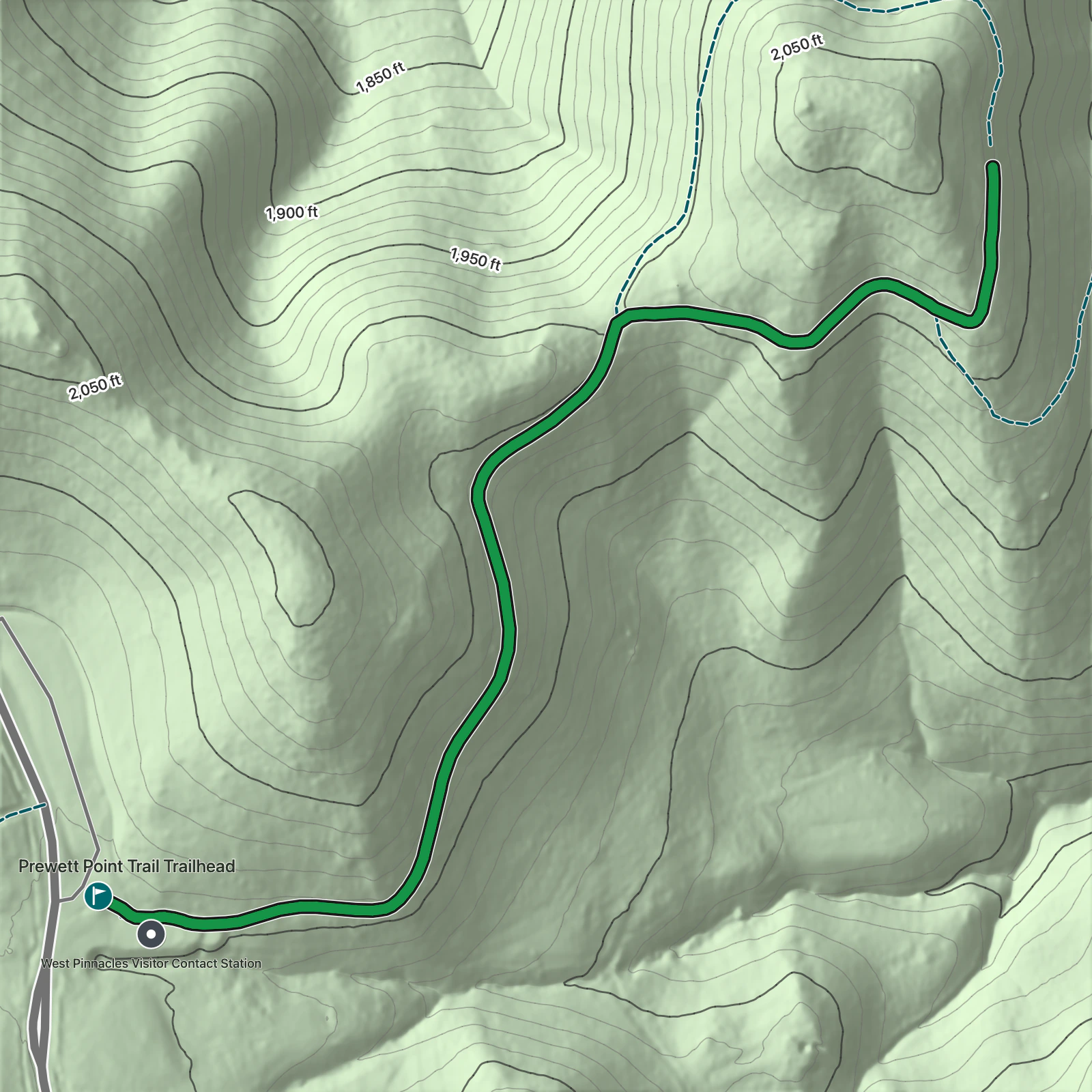 Terrain map of Prewett Point Trail in Pinnacles National Park