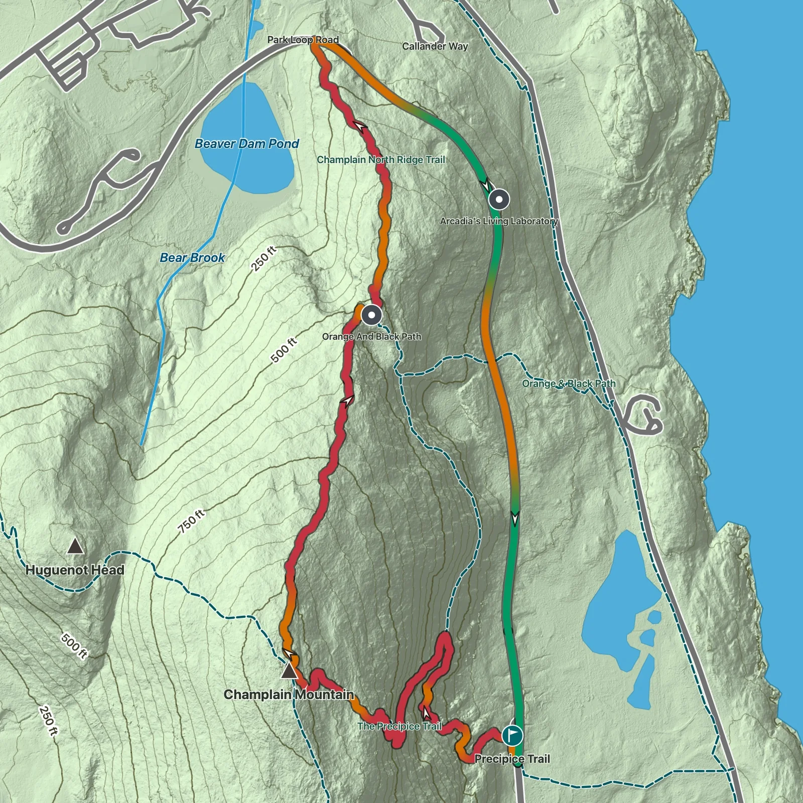 Terrain map showing the Precipice Loop route in Acadia National Park