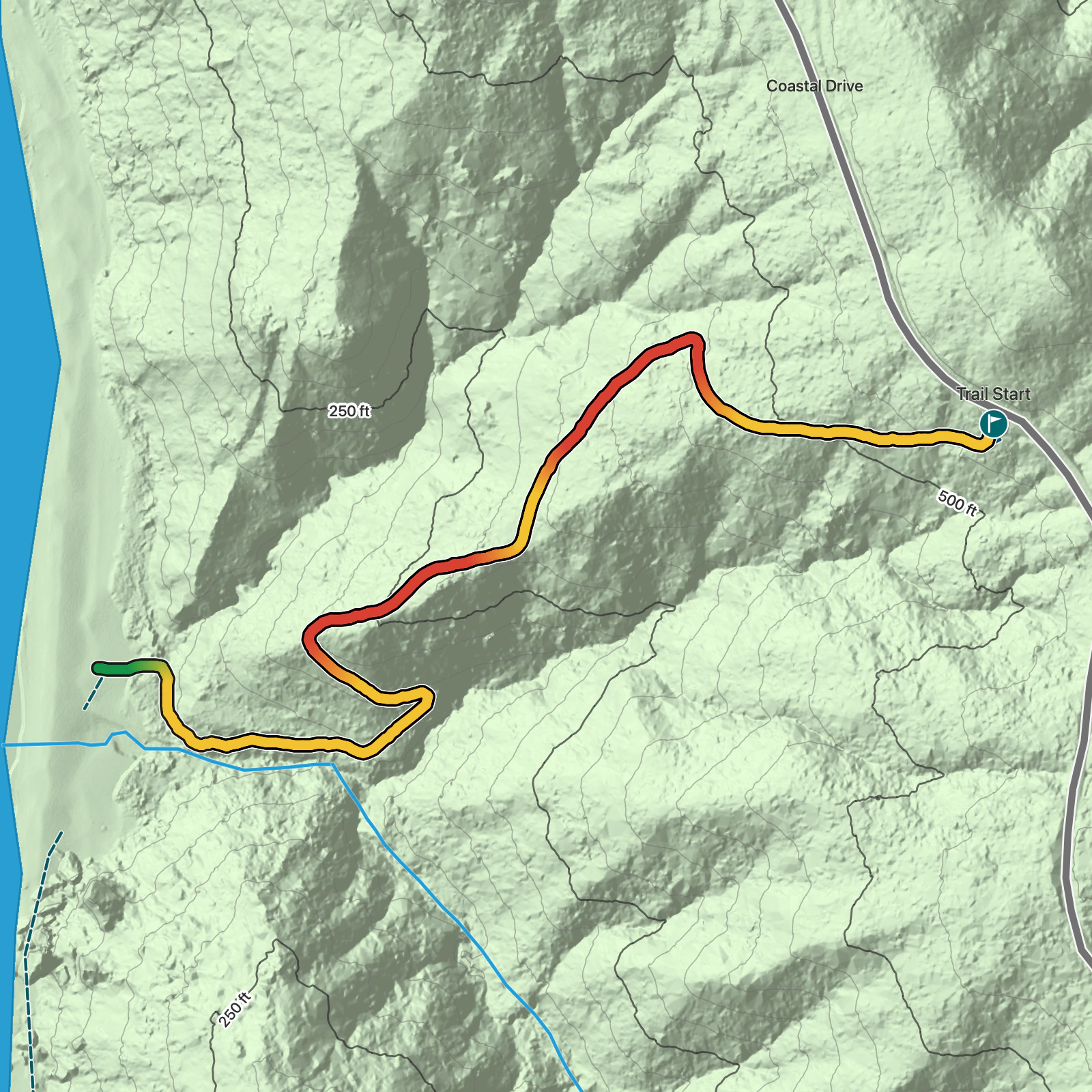 Terrain map of Carruthers Cove Trail in Redwood National Park