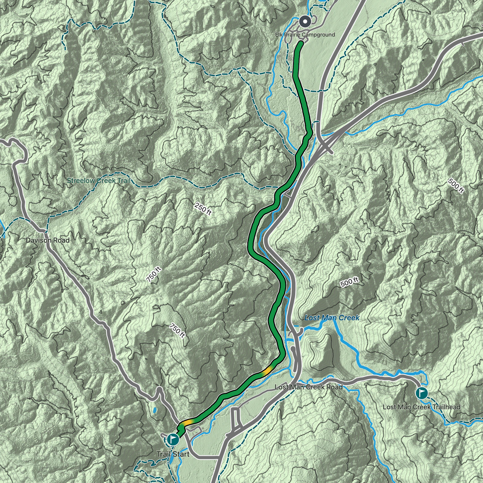 Terrain map of Davison Trail in Redwood National Park