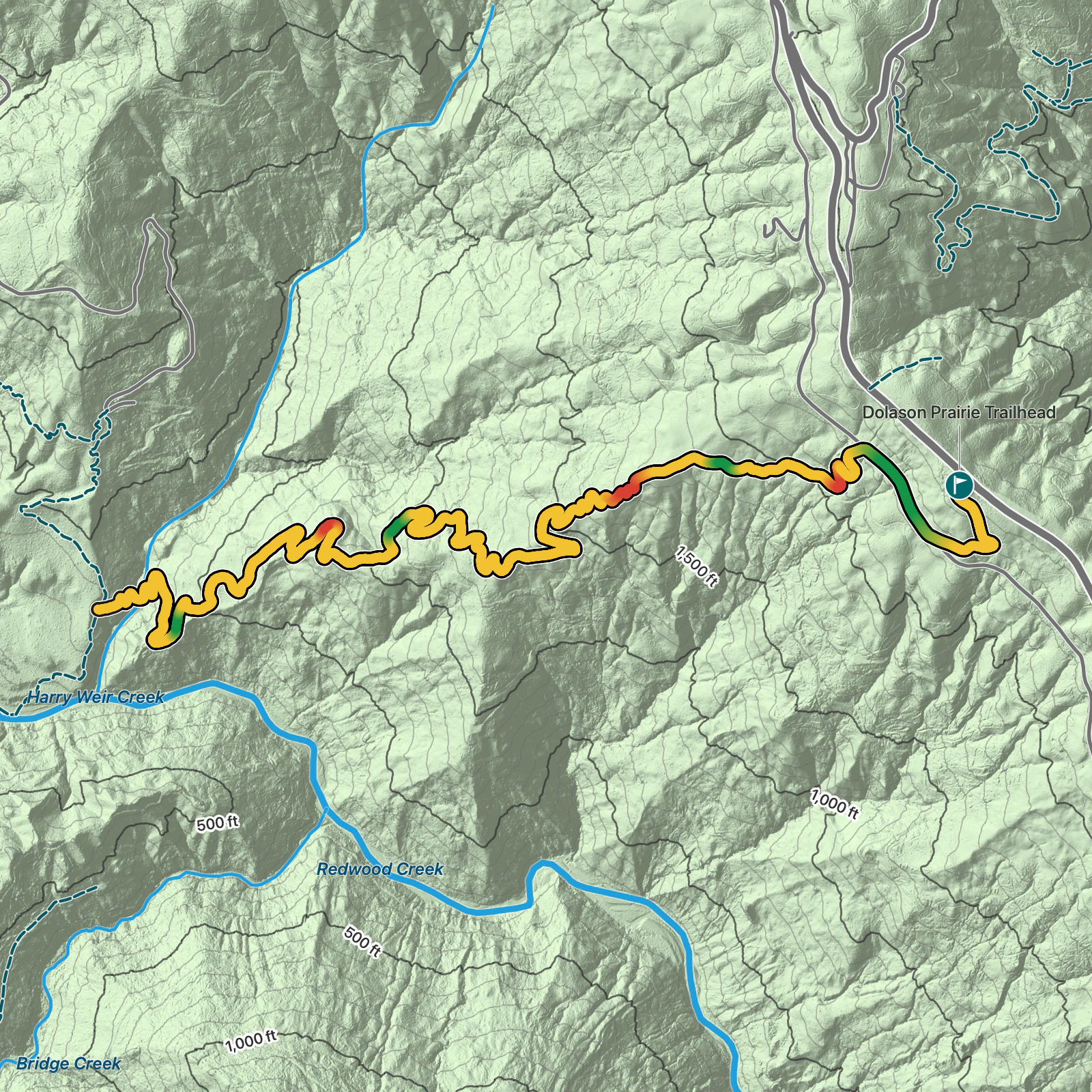 Terrain map of Dolason Prairie Trail in Redwood National Park