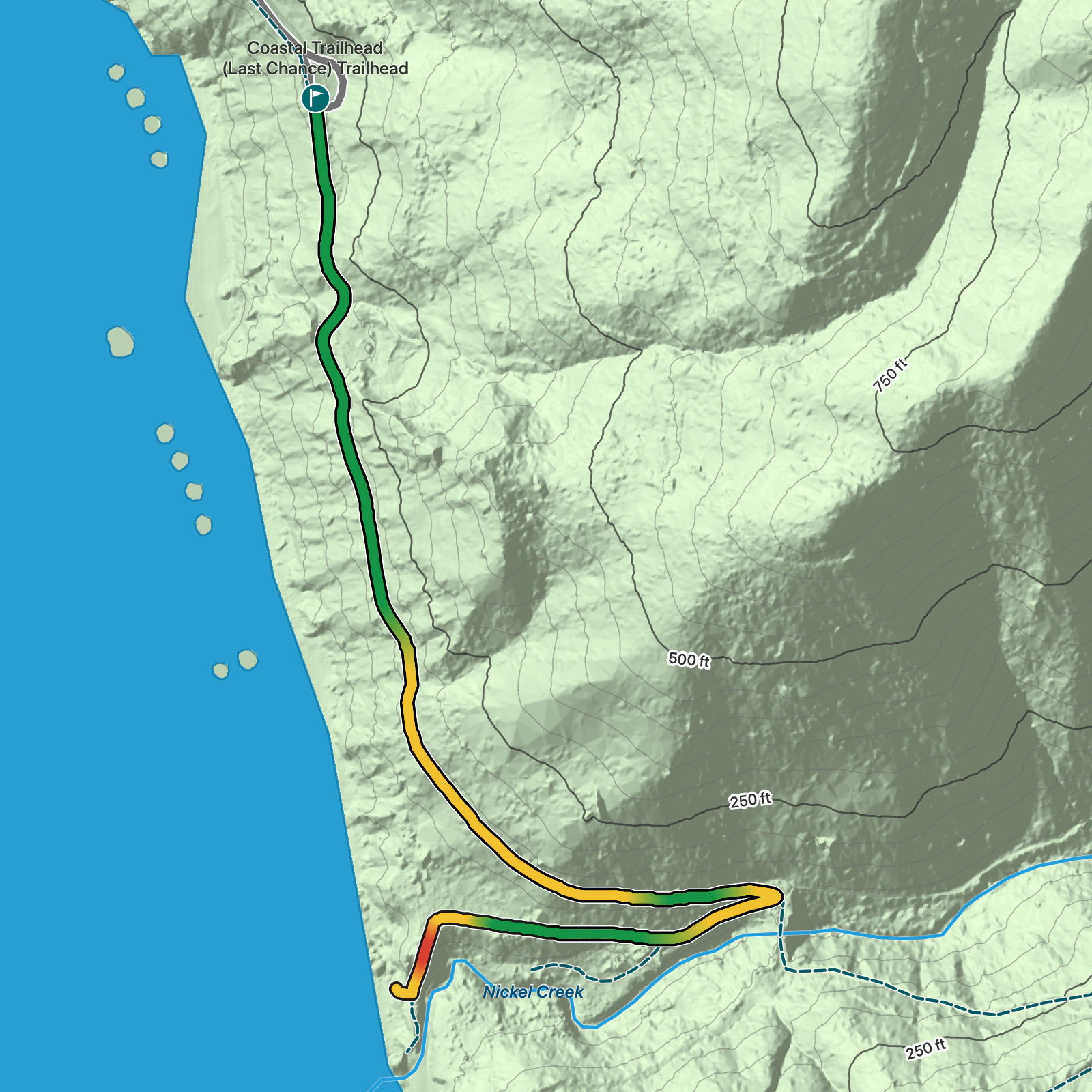 Terrain map of Enderts Beach via the California Coastal Trail in Redwood National Park
