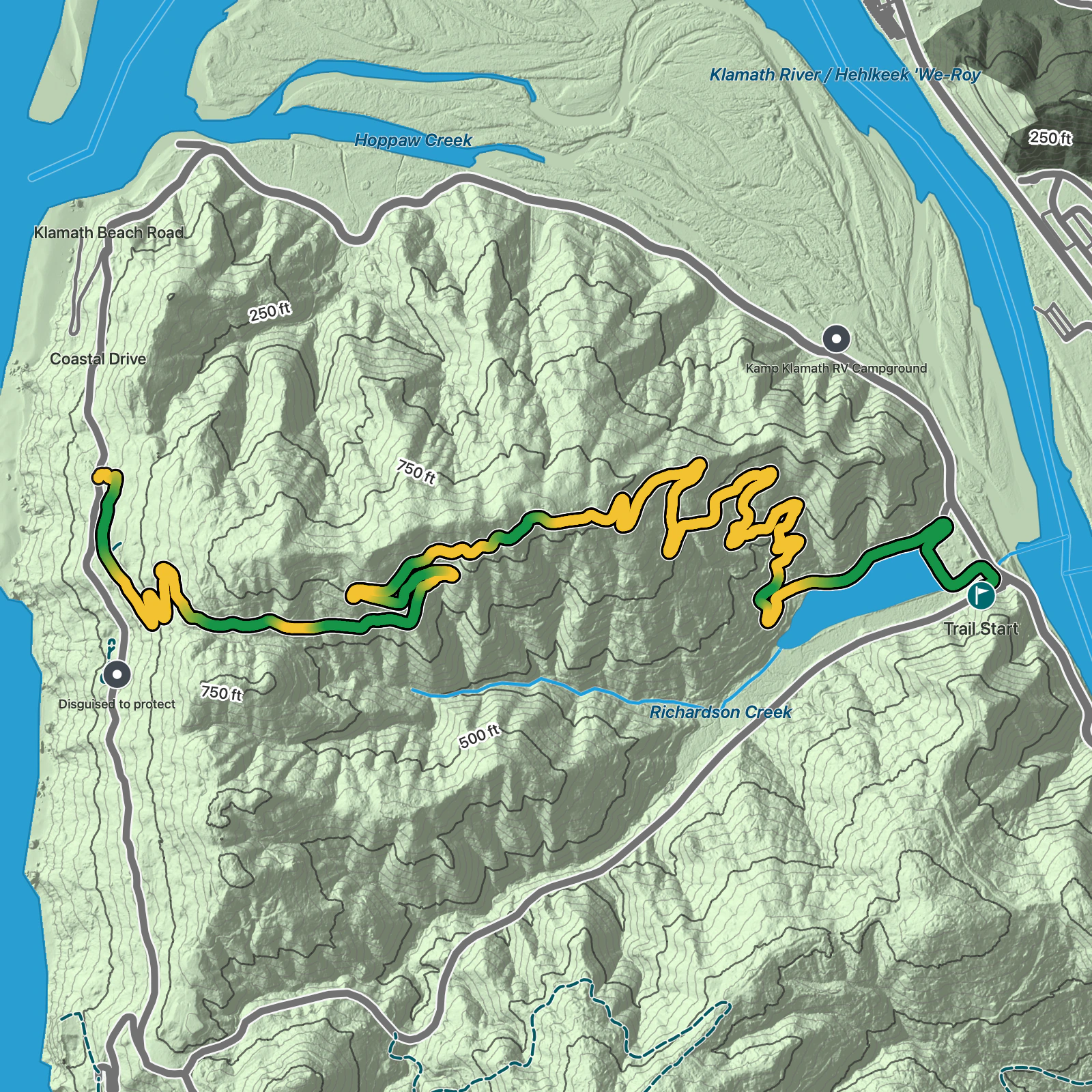 Terrain map of Flint Ridge Section Trail in Redwood National Park