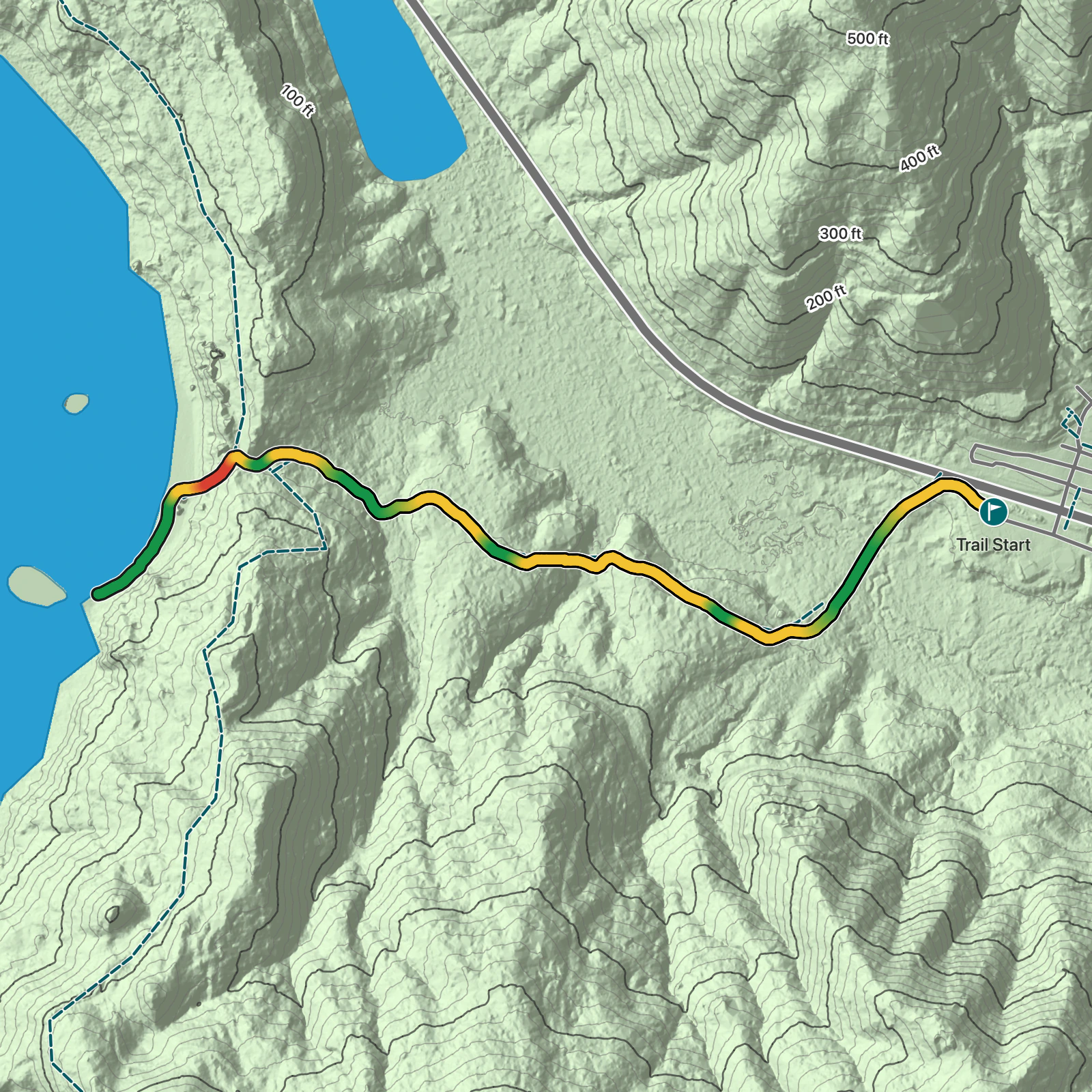 Terrain map of Hidden Beach Trail from Highway 101 in Redwood National Park