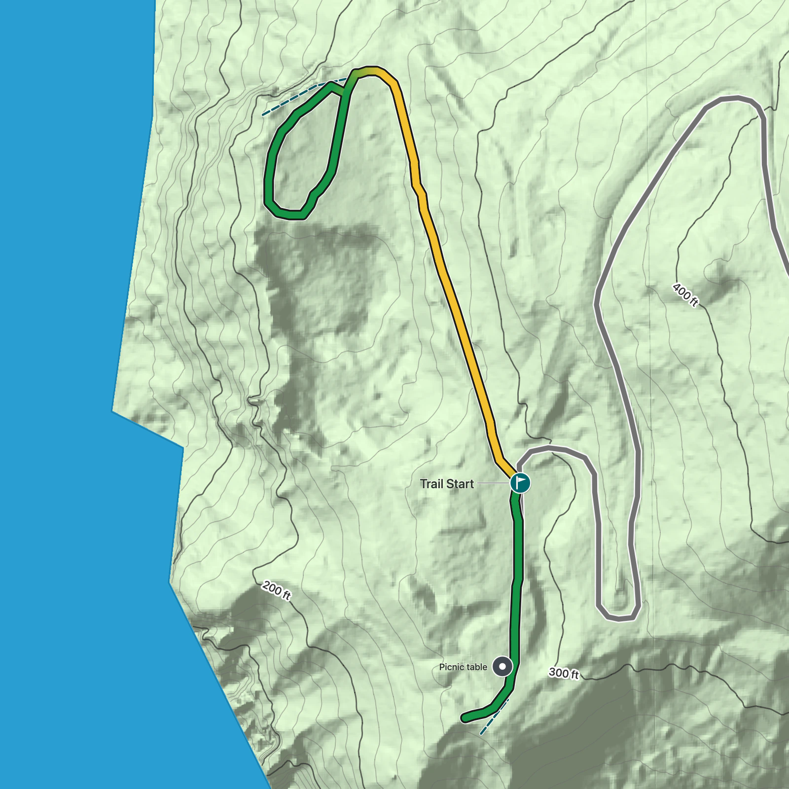 Terrain map of High Bluff Overlooks Trails in Redwood National Park