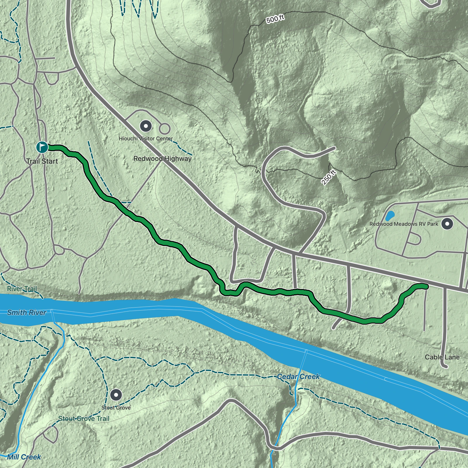 Terrain map of Hiouchi Trail East in Redwood National Park