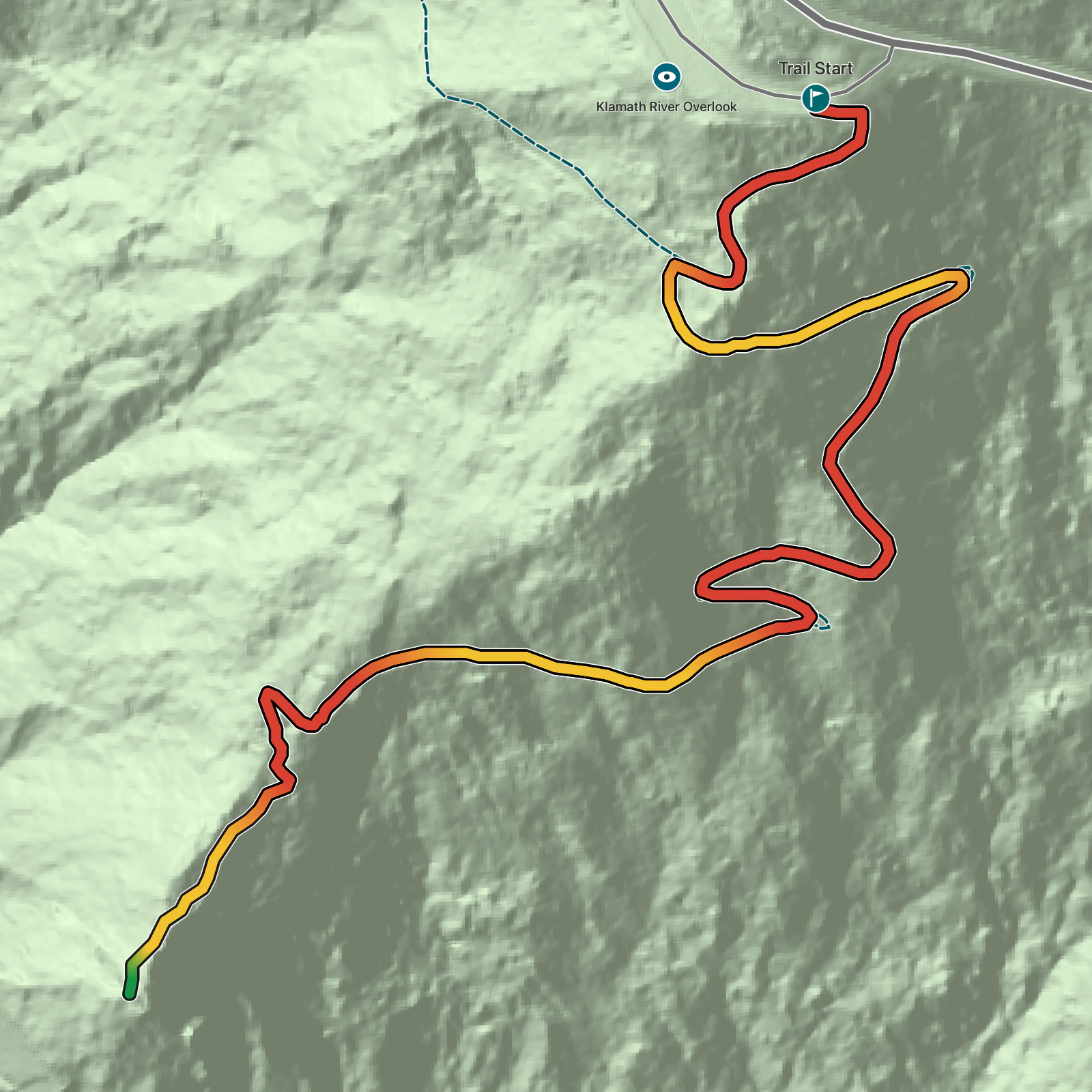 Terrain map of Klamath River Overlook Trail in Redwood National Park