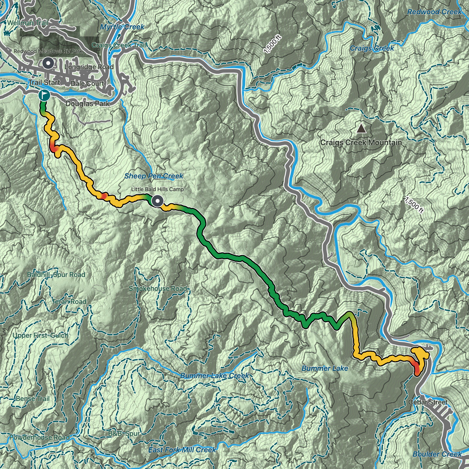 Terrain map of Little Bald Hills Trail in Redwood National Park