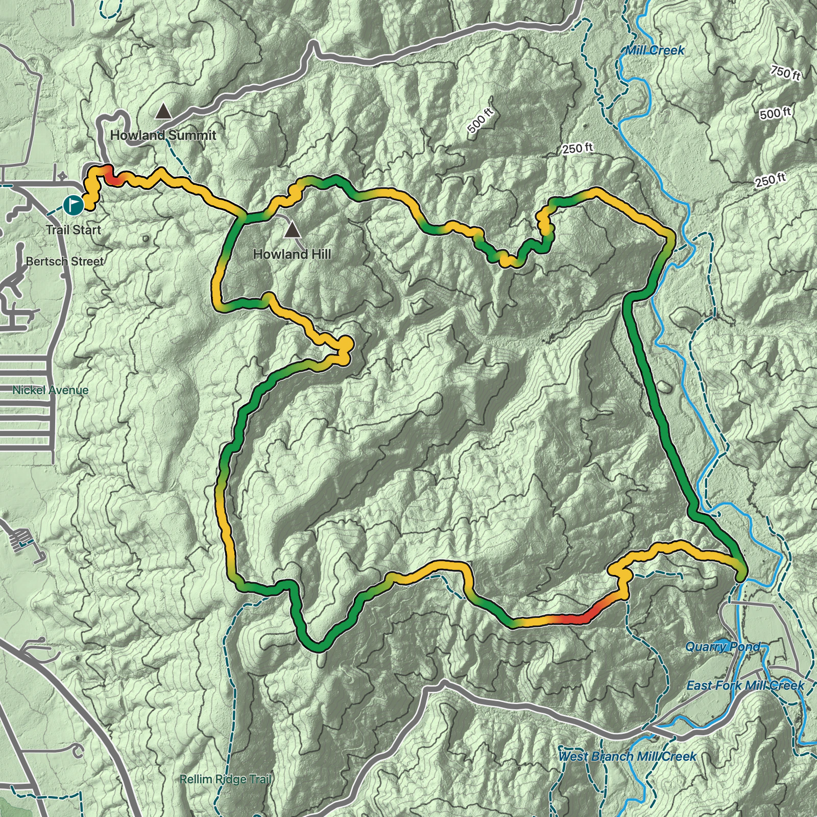 Terrain map of Mill Creek Horse Trail in Redwood National Park