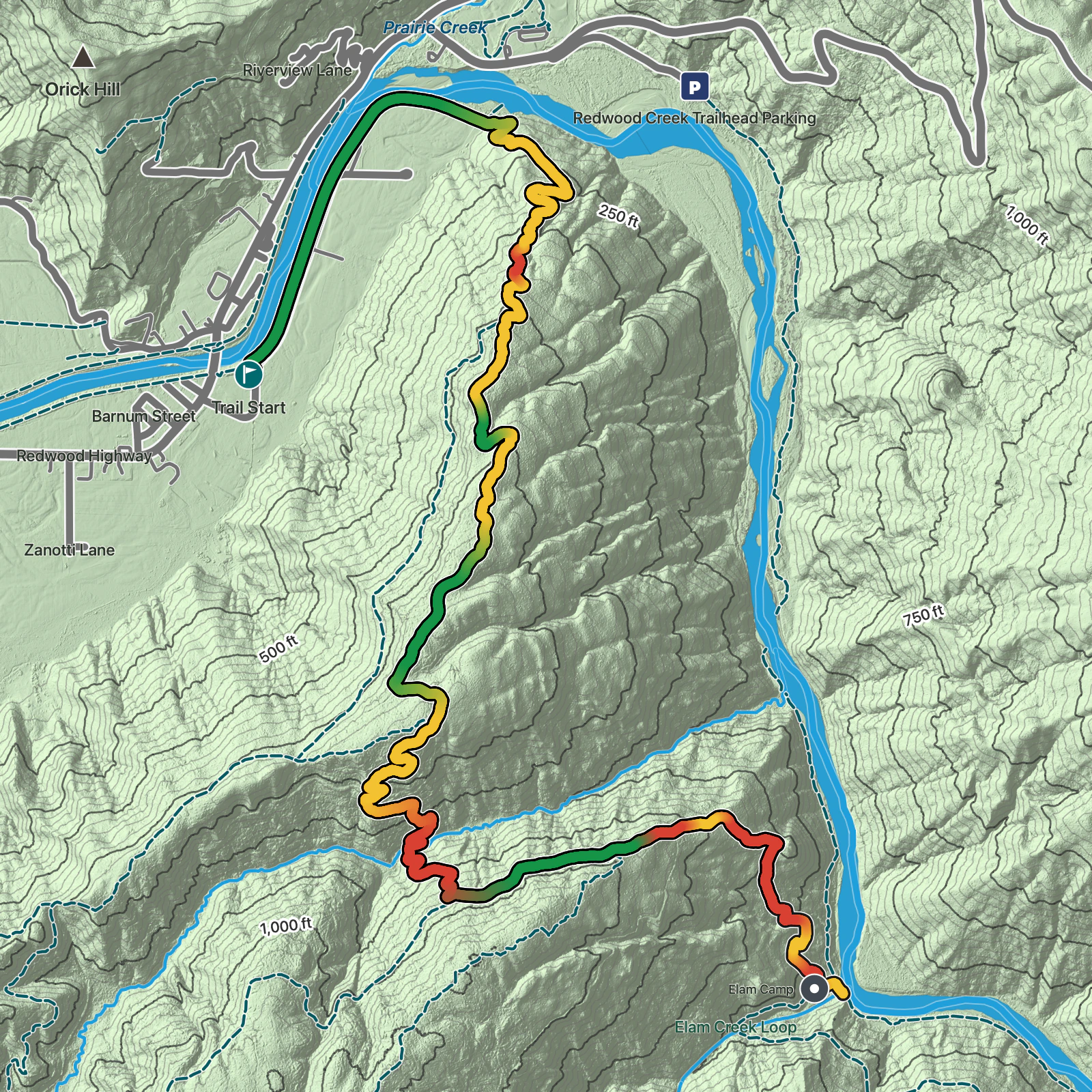 Terrain map of Orick Horse Trails to Elam Camp in Redwood National Park