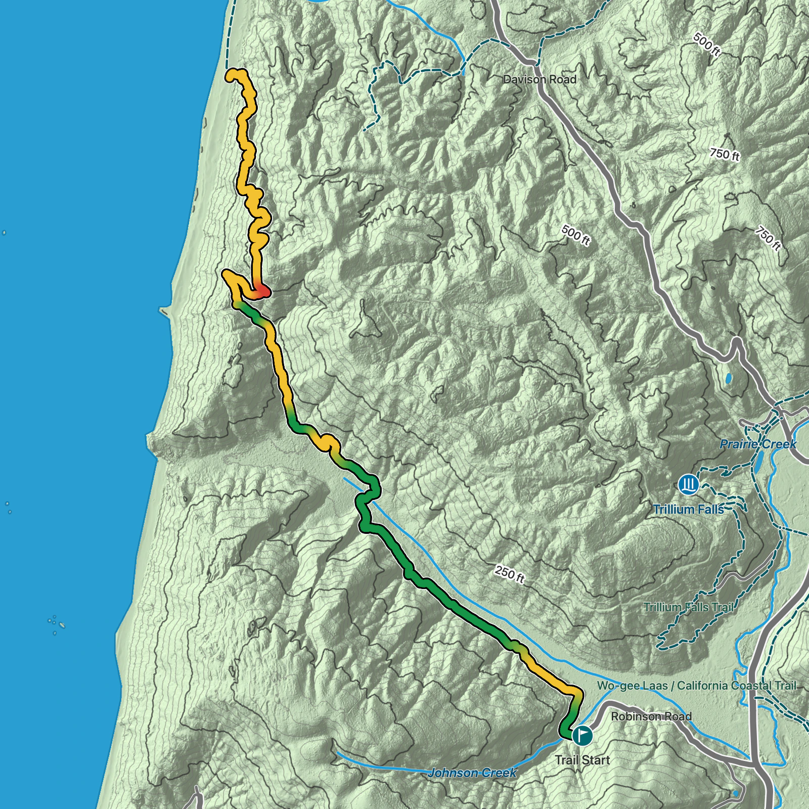 Terrain map of Skunk Cabbage Trail in Redwood National Park