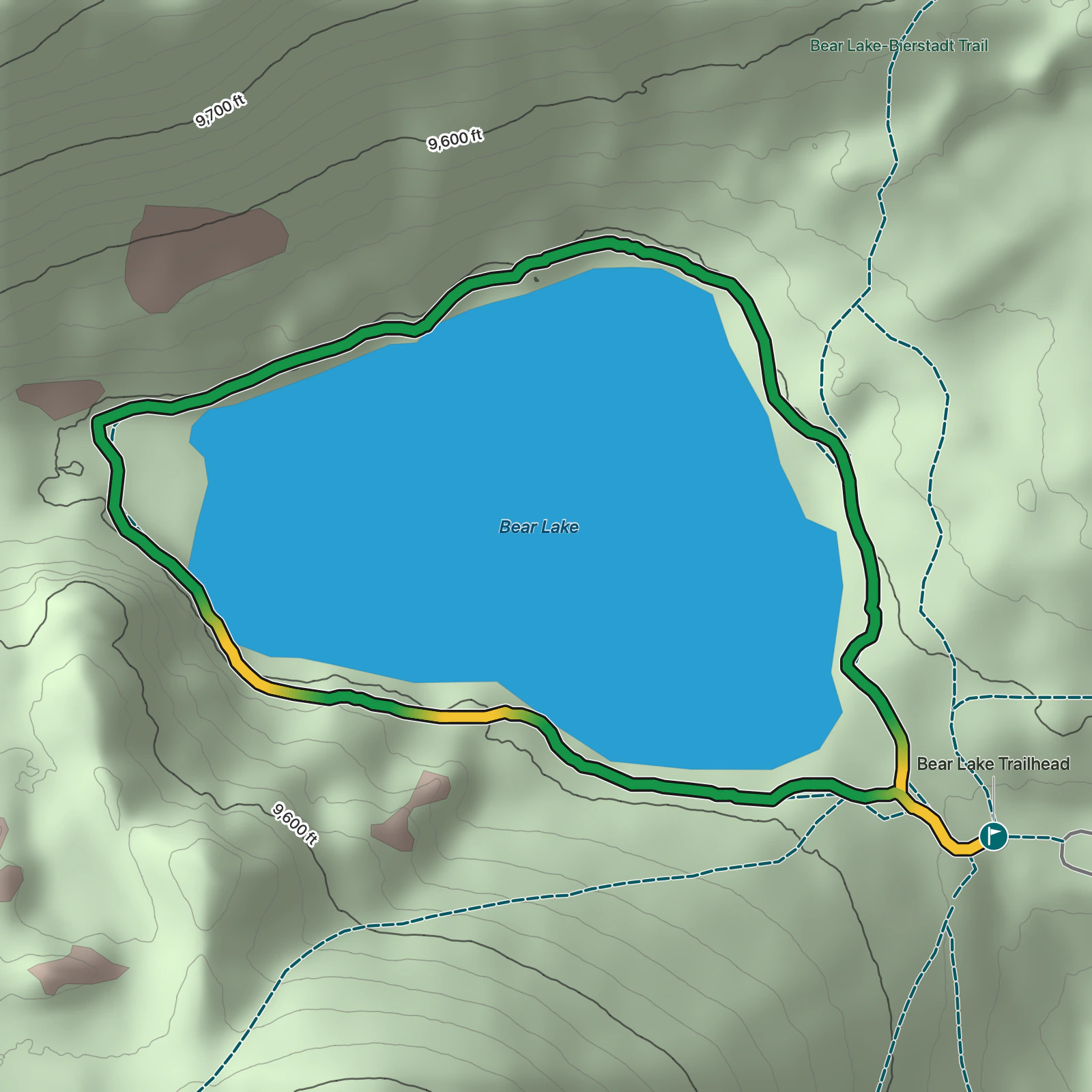 Terrain map of Bear Lake Loop in Rocky Mountain National Park