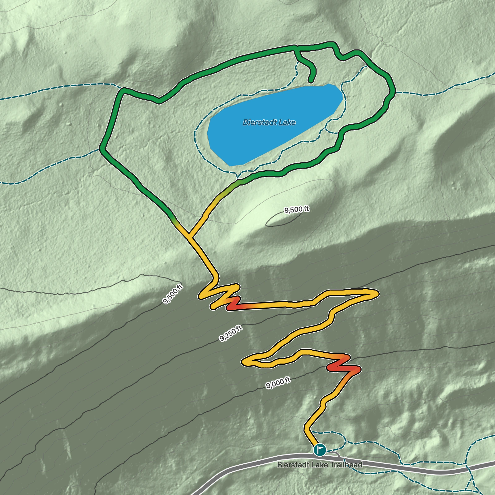 Terrain map of Bierstadt Lake Trail in Rocky Mountain National Park