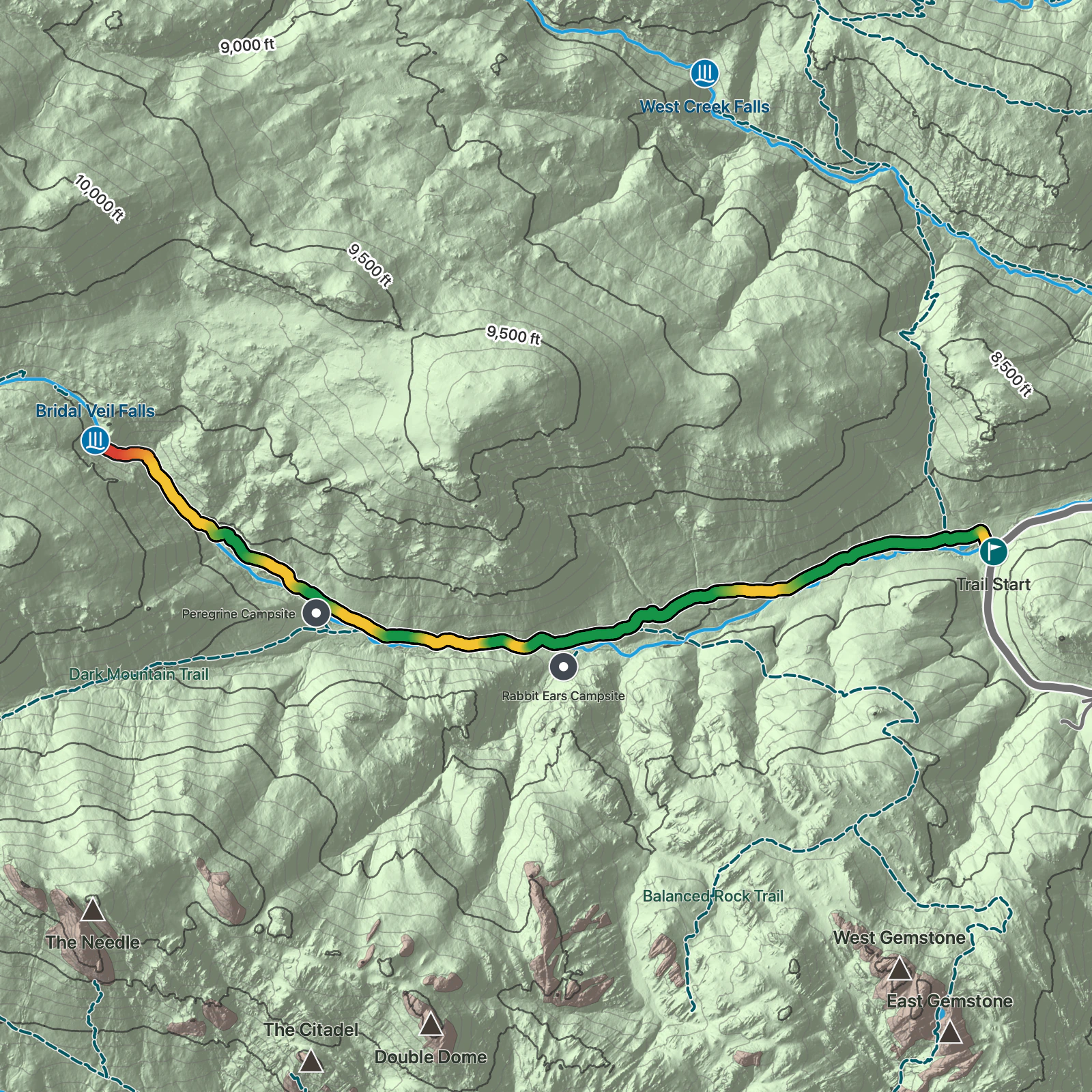 Terrain map of Bridal Veil Falls via Cow Creek Trail in Rocky Mountain National Park