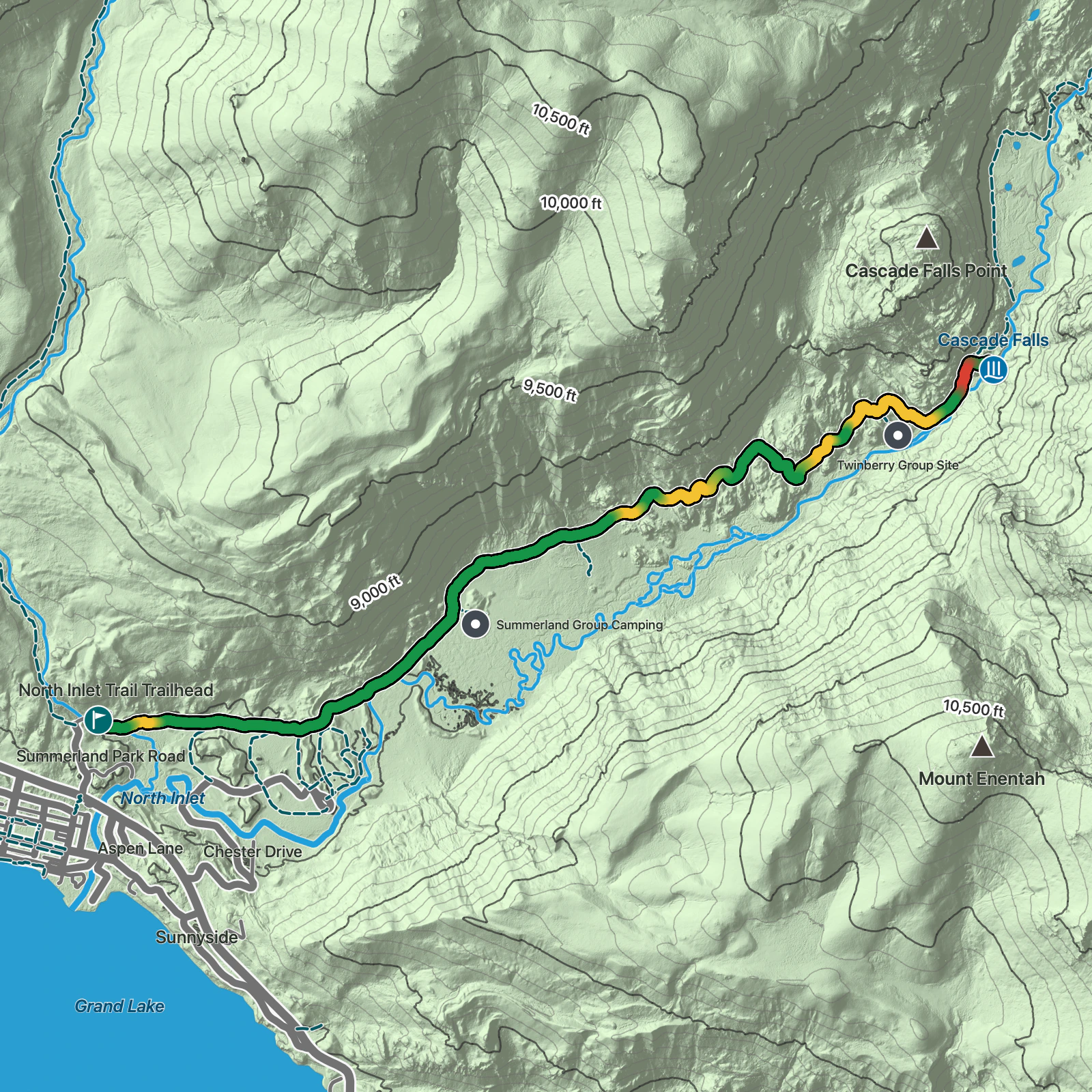 Terrain map of Cascade Falls in Rocky Mountain National Park