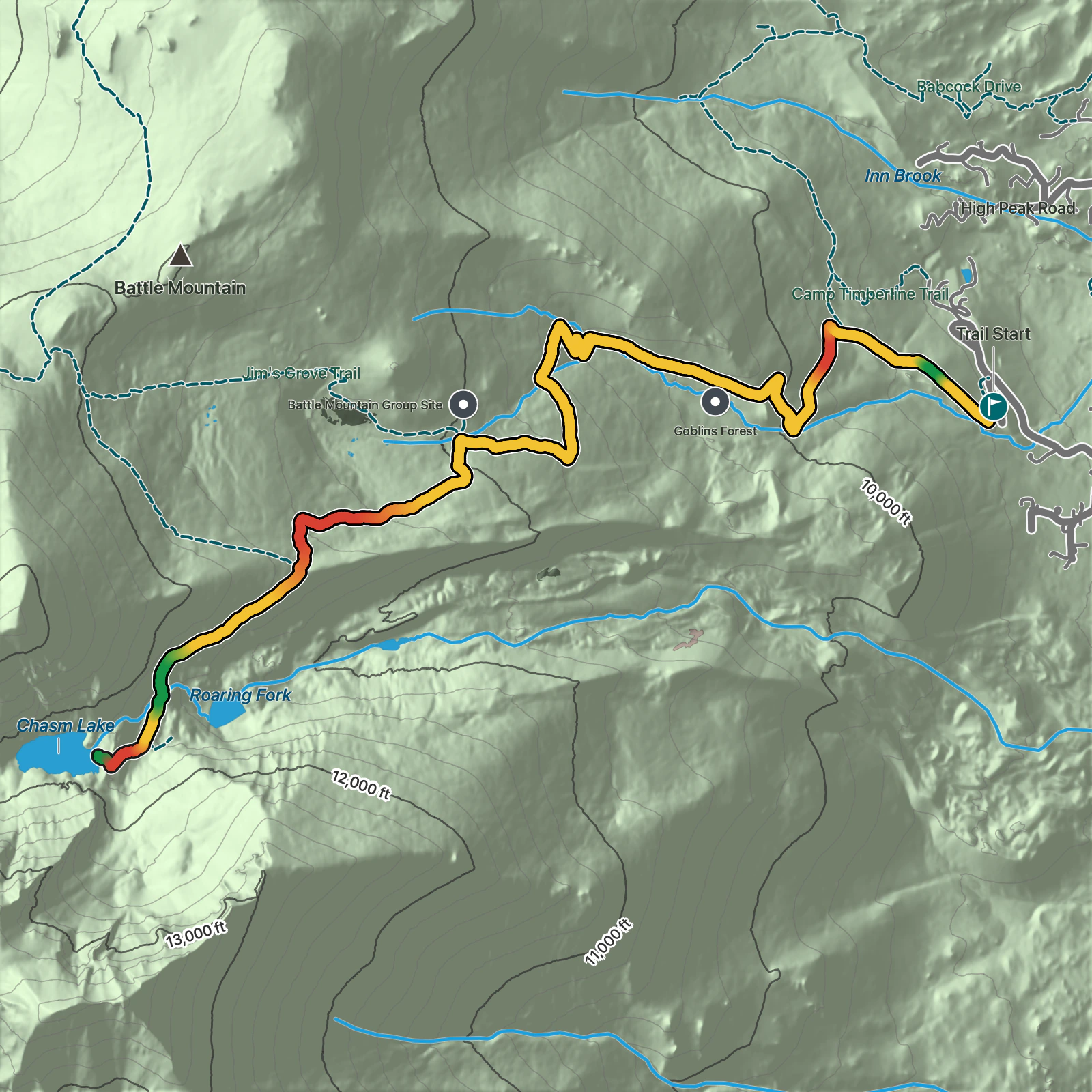 Terrain map of Chasm Lake in Rocky Mountain National Park