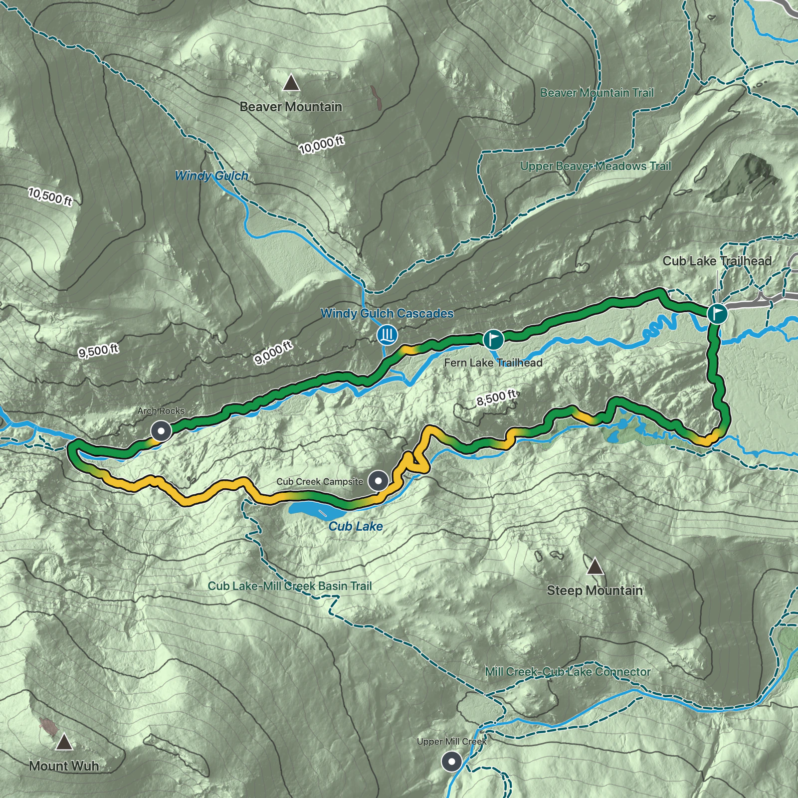 Terrain map of Cub Lake Loop in Rocky Mountain National Park