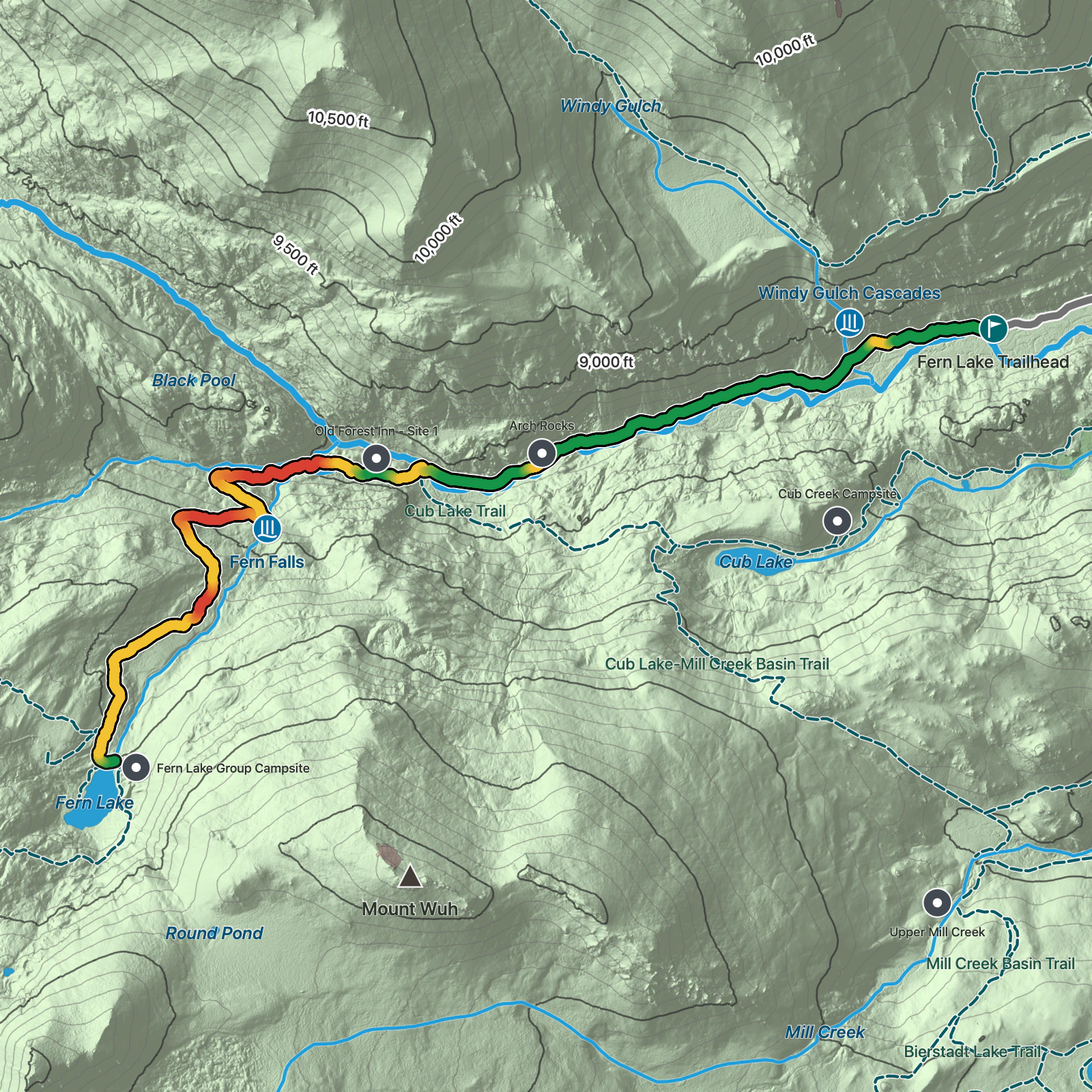Terrain map of Fern Lake Trail in Rocky Mountain National Park