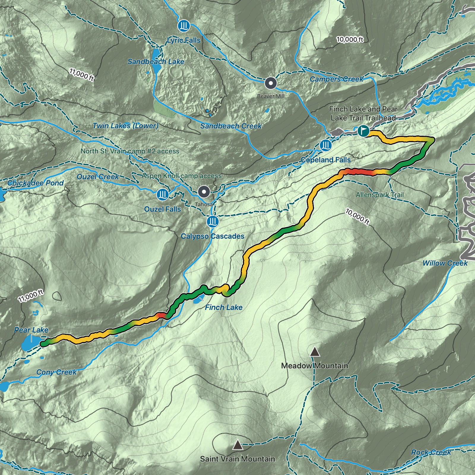 Terrain map of Finch Lake and Pear Lake Trail in Rocky Mountain National Park