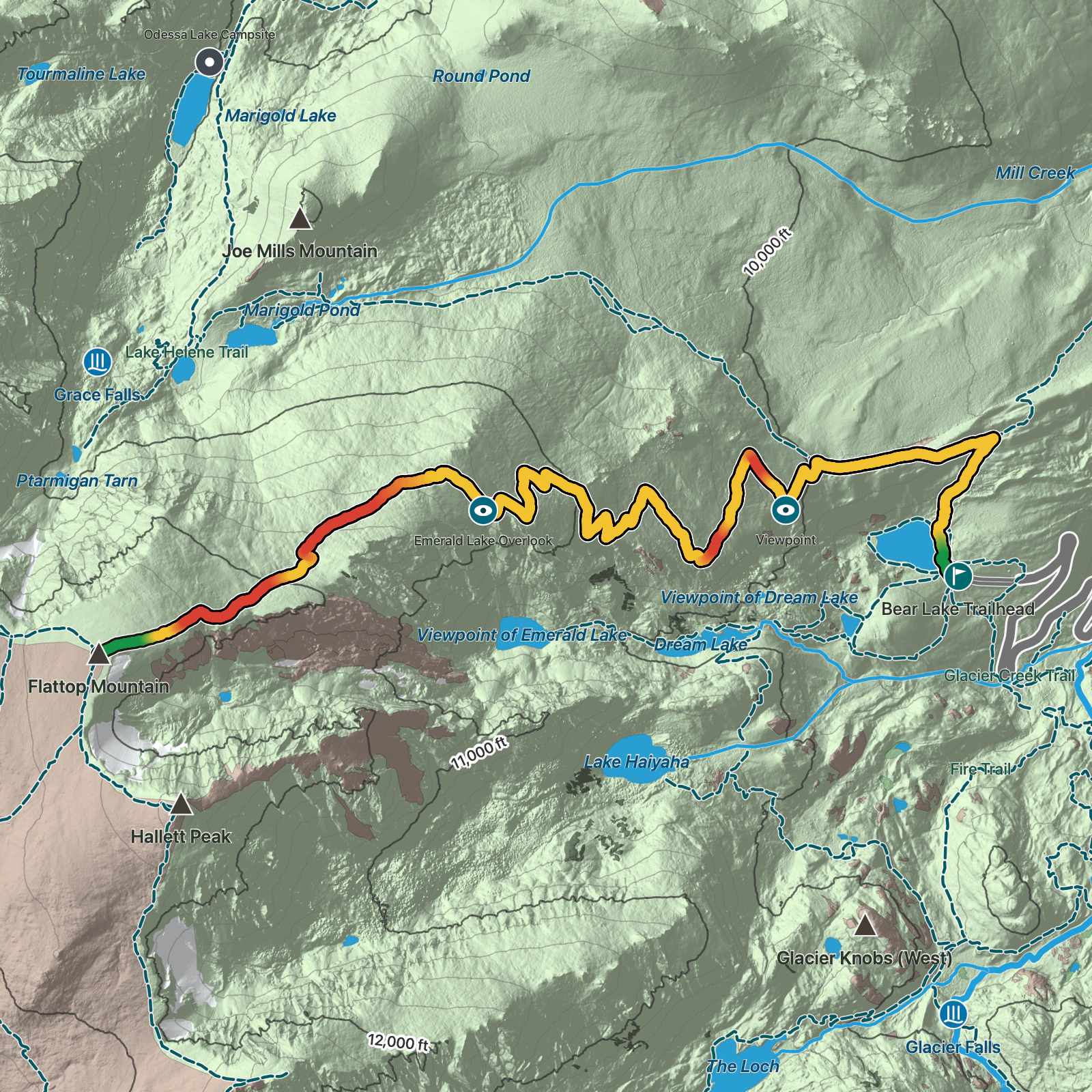 Terrain map of Flattop Mountain Trail in Rocky Mountain National Park