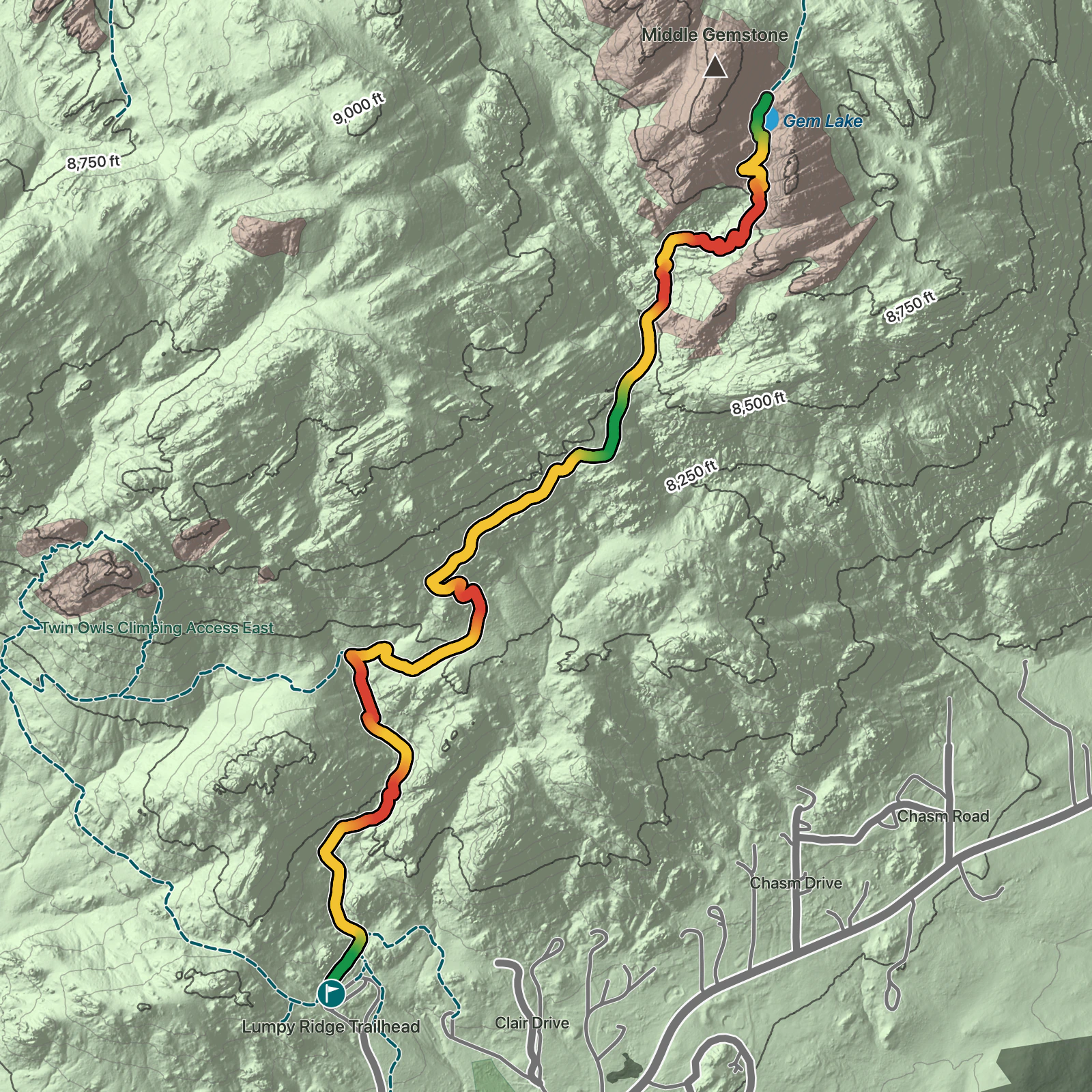 Terrain map of Gem Lake Trail in Rocky Mountain National Park