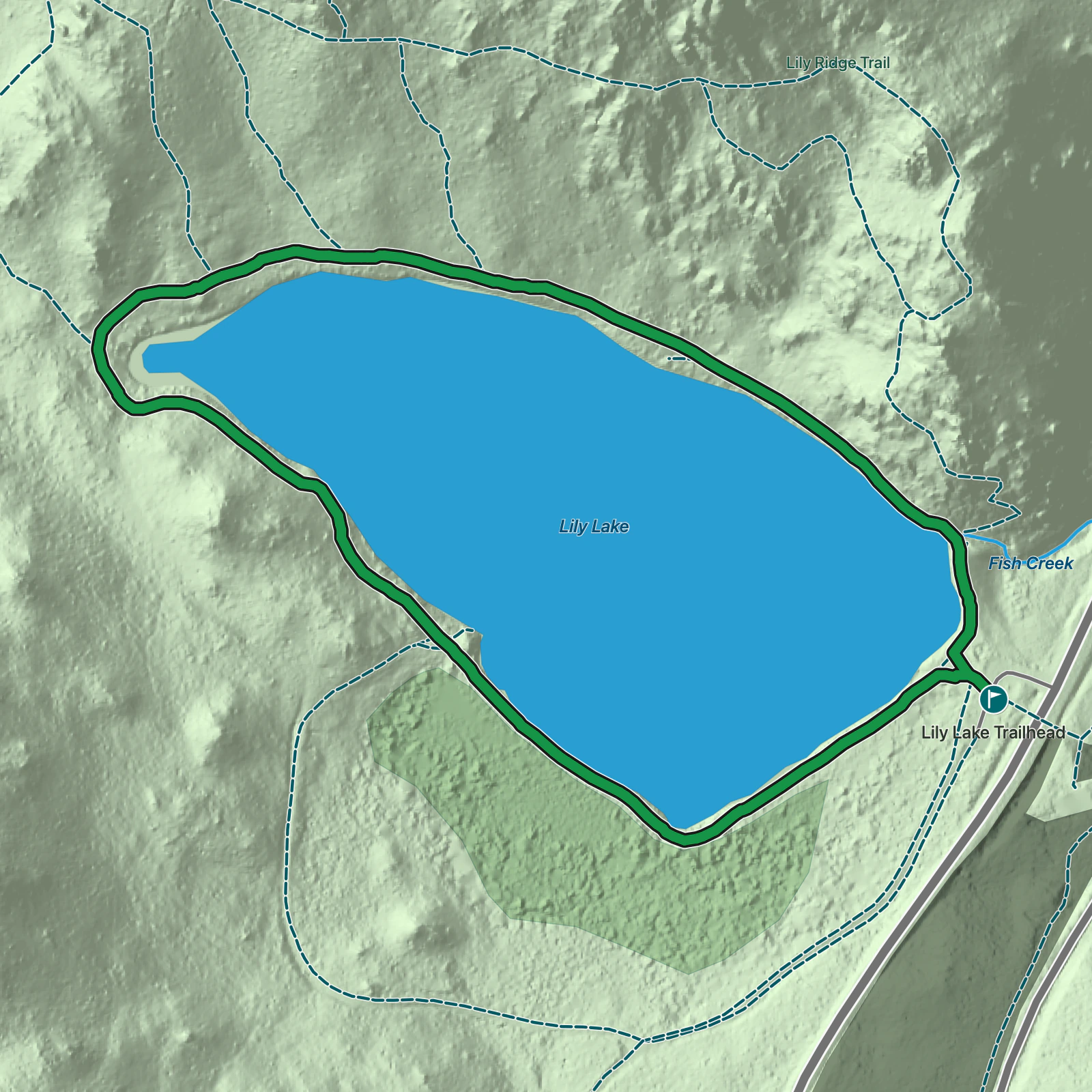 Terrain map of Lily Lake Trail in Rocky Mountain National Park