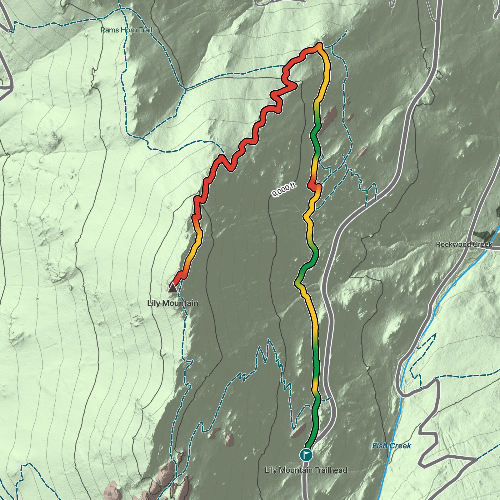 Terrain map of Lily Mountain Trail in Rocky Mountain National Park