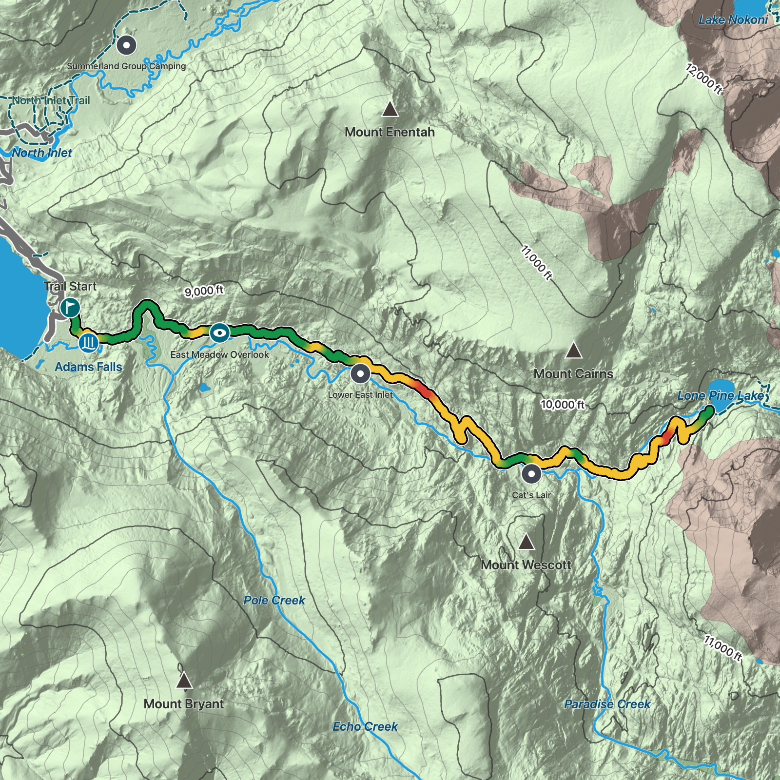 Terrain map of Lone Pine Lake via East Inlet Trail in Rocky Mountain National Park