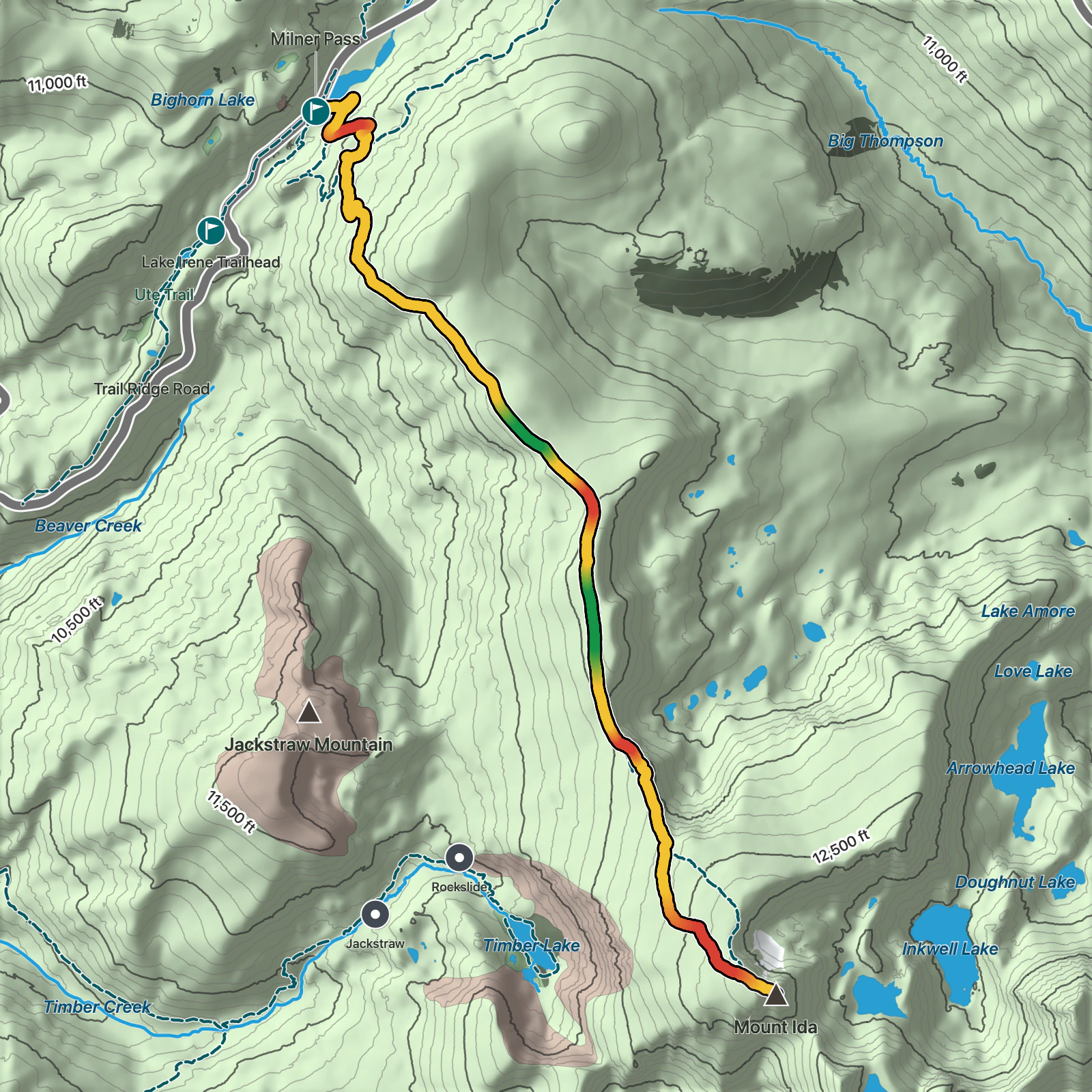 Terrain map of Mount Ida Trail in Rocky Mountain National Park