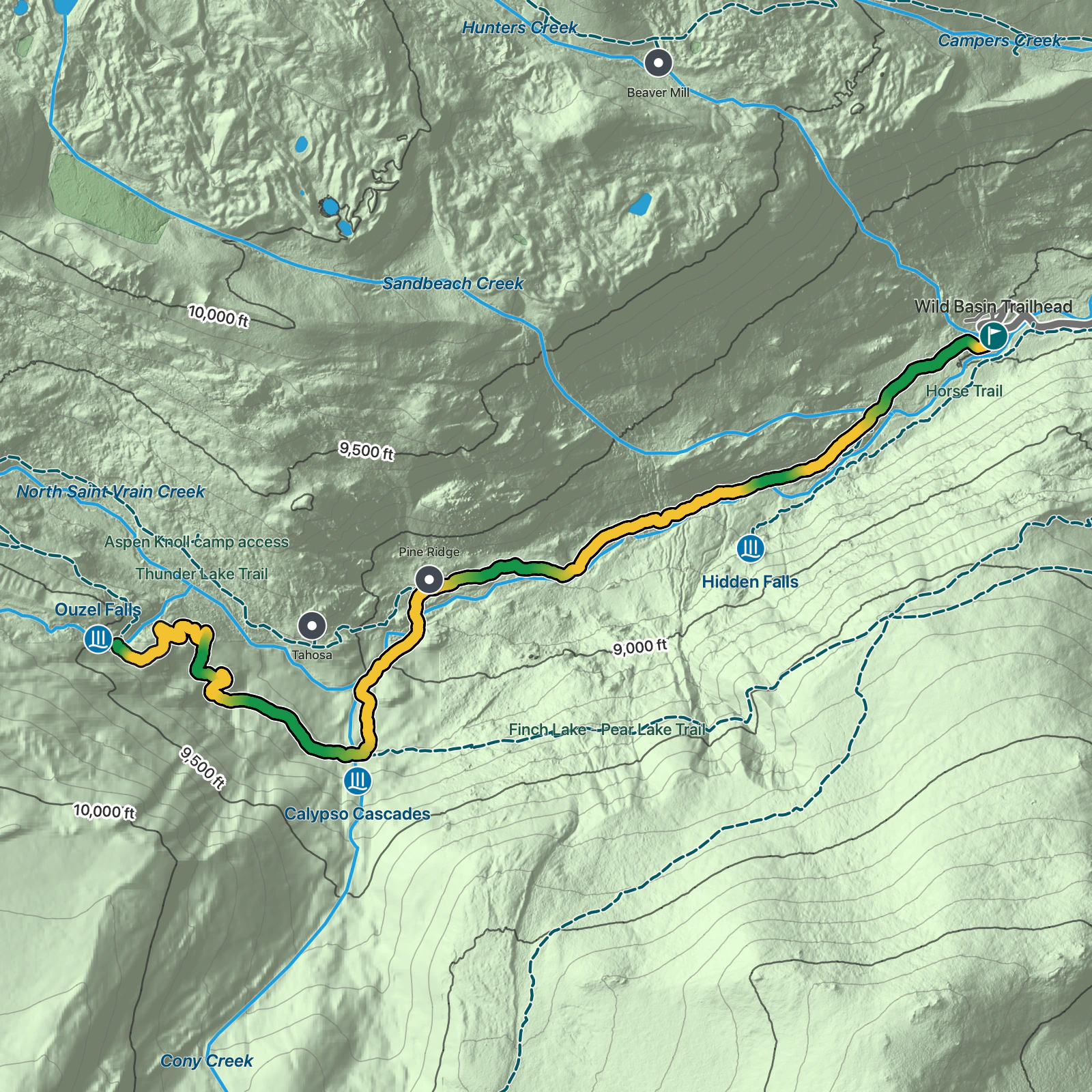 Terrain map of Ouzel Falls via Wild Basin Trail in Rocky Mountain National Park