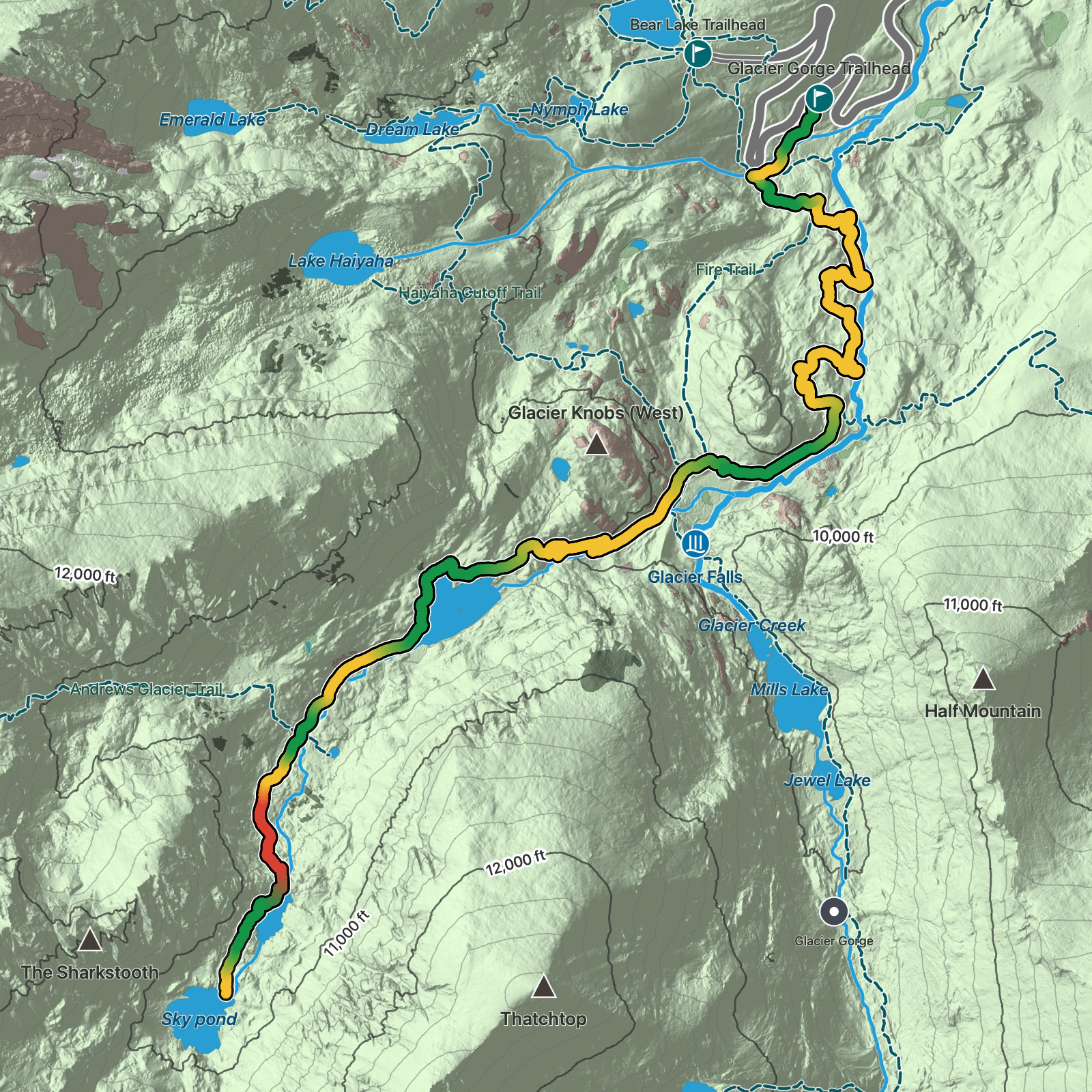 Terrain map of Sky Pond via Glacier Gorge Trail in Rocky Mountain National Park