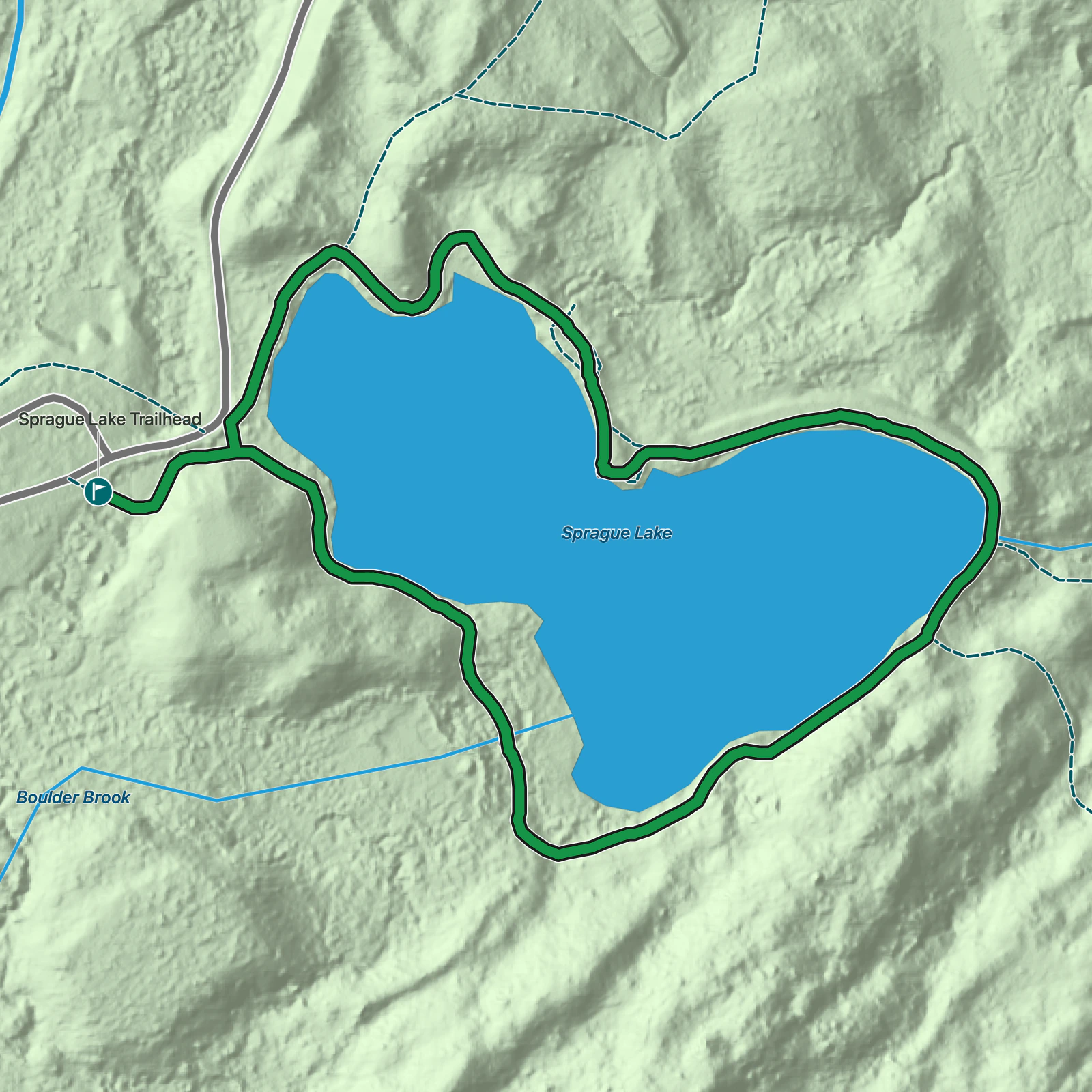 Terrain map of Sprague Lake Loop in Rocky Mountain National Park